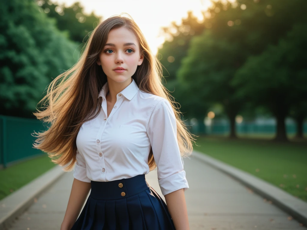 score_9, score_8_up, score_7_up, score_6_up, score_5_up, score_4_up, rating_safe, 
1girl, medium breasts, big blue eyes, brown hair, white button shirt, black skirt, school uniform, cute, young, posing, very long hair, looking at viewers, park, 
dynamic angle, vibrant lighting, high contrast, dramatic shadows, highly detailed, detailed skin, depth of field, film grain, 