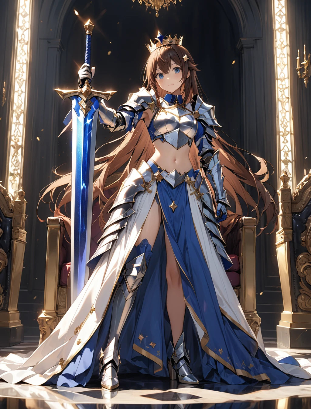 (1girl, (Tokino Sora:1.5), brown hair, long hair, blue eyes, red ribbon, star hair ornament, medium breasts, neck ribbon, blue skirt, sleeveless shirt, navel, bangs, midriff, blue vest, crown, king's luxurious gown, (hololive)), (Masterpiece: 1.3), best quality, (Maximum Resolution: 1.2), ultra-detailed, cinematic, details, vibrant colors, dramatic lighting, Perfect Beautiful Face, Perfect Beautiful Proportioned Body, (Detailed Eyes and Skin), (Detailed Facial Features), Accurate and Anatomically Correct Face and Body Balance,(Holy Knight girl:1.3), (Holy Knight's Shiny Silver Armor:1.6), Cool and stylish, (Shiny metal expression:1.2), (Specular Reflection Coating:1.2), Attractive female knight, Alone, (Holding a holy long sword in hand:1.5), (shining sword), Knight Commander of the Royal Guard, Strong and fleeting eyes, Functional, Divine Protection, mysterious, (full body:1.5), (fighting pose),　(stand before the throne:1.4),