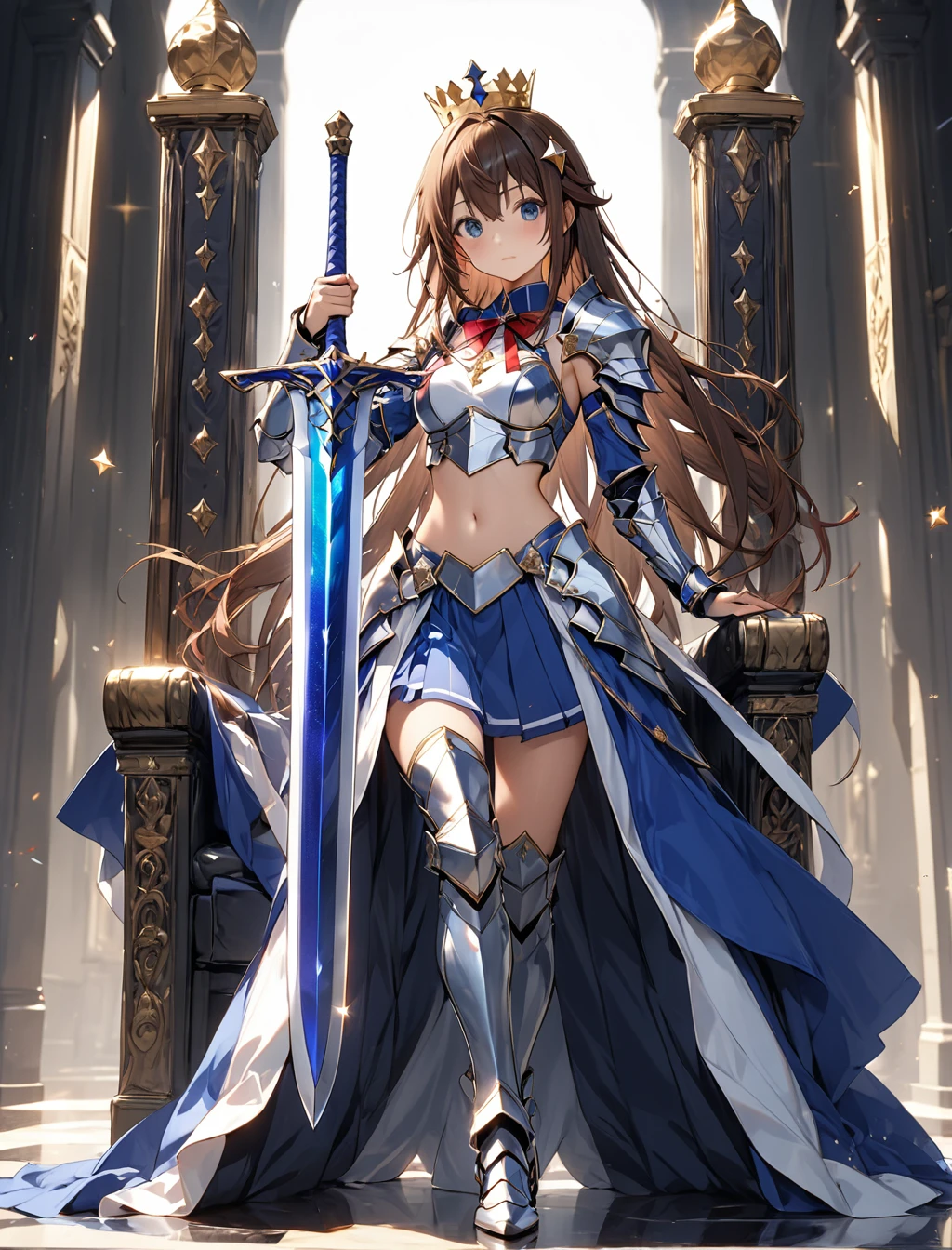 (1girl, (Tokino Sora:1.5), brown hair, long hair, blue eyes, red ribbon, star hair ornament, medium breasts, neck ribbon, blue skirt, sleeveless shirt, navel, bangs, midriff, blue vest, crown, king's luxurious gown, (ho****ve)), (Masterpiece: 1.3), best quality, (Maximum Resolution: 1.2), ultra-detailed, cinematic, details, vibrant colors, dramatic lighting, Perfect Beautiful Face, Perfect Beautiful Proportioned Body, (Detailed Eyes and Skin), (Detailed Facial Features), Accurate and Anatomically Correct Face and Body Balance,(Holy Knight girl:1.3), (Holy Knight's Shiny Silver Armor:1.6), Cool and stylish, (Shiny metal expression:1.2), (Specular Reflection Coating:1.2), Attractive female knight, Alone, (Holding a holy long sword in hand:1.5), (shining sword), Knight Commander of the Royal Guard, Strong and fleeting eyes, Functional, Divine Protection, mysterious, (full body:1.5), (fighting pose),　(stand before the throne:1.4),