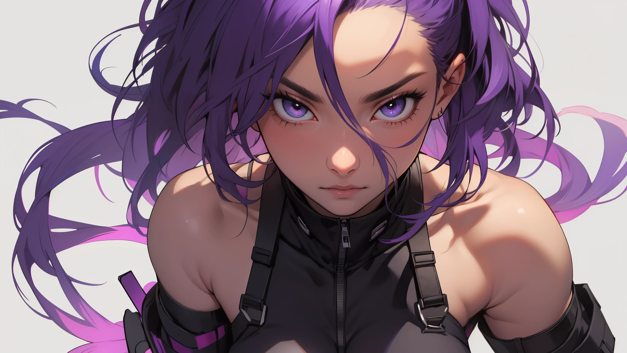 (High definition, 4K),1 girl,realisitic,breasts big,facing at viewer,blank gray background,half closed, big purple hair, cyberounk 2077
