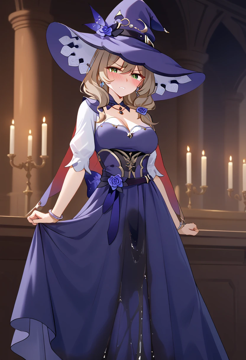 (\li sha\), 1girl, breasts, lisa \(genshin impact\), hat, witch hat, green eyes, solo, brown hair, cocktail dress, party dress, (long dress:2.0), pantyhose, purple headwear, earrings, long hair, witch, crown, bangs, hair ornament, extremely detailed eyes and face, detailed facial features, (wetting self:2.0), (facing viewer:1.5), embarrassed, humiliation, (blushing:1.5), (angry:1.5), tears, (standing straight:1.5), tears, (best quality,4k,8k,highres,masterpiece:1.2),ultra-detailed, portrait, cinematic lighting, dramatic contrast, full body