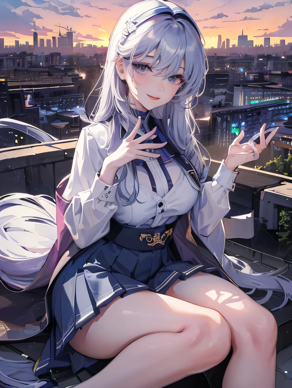 One girl, magic circle, Blue Fire, blue flame, Depth of written boundary, night, Particles of light, light, Side Lighting, Open jacket, Long skirt, Knee socks, cloud,night、A beautiful girl with her white hair elegantly tied in a ponytail、sitting quietly at a desk。Her purple eyes、It emits a mysterious glow, like a star shining in the night sky.。The white dress accentuates her sophisticated beauty.、Beautifully adorns the shoulders and neck。There are a few books and a pen on the desk.、It looks as if she is concentrating on something.。The figure is、Like a part of a painting、It has a striking beauty。