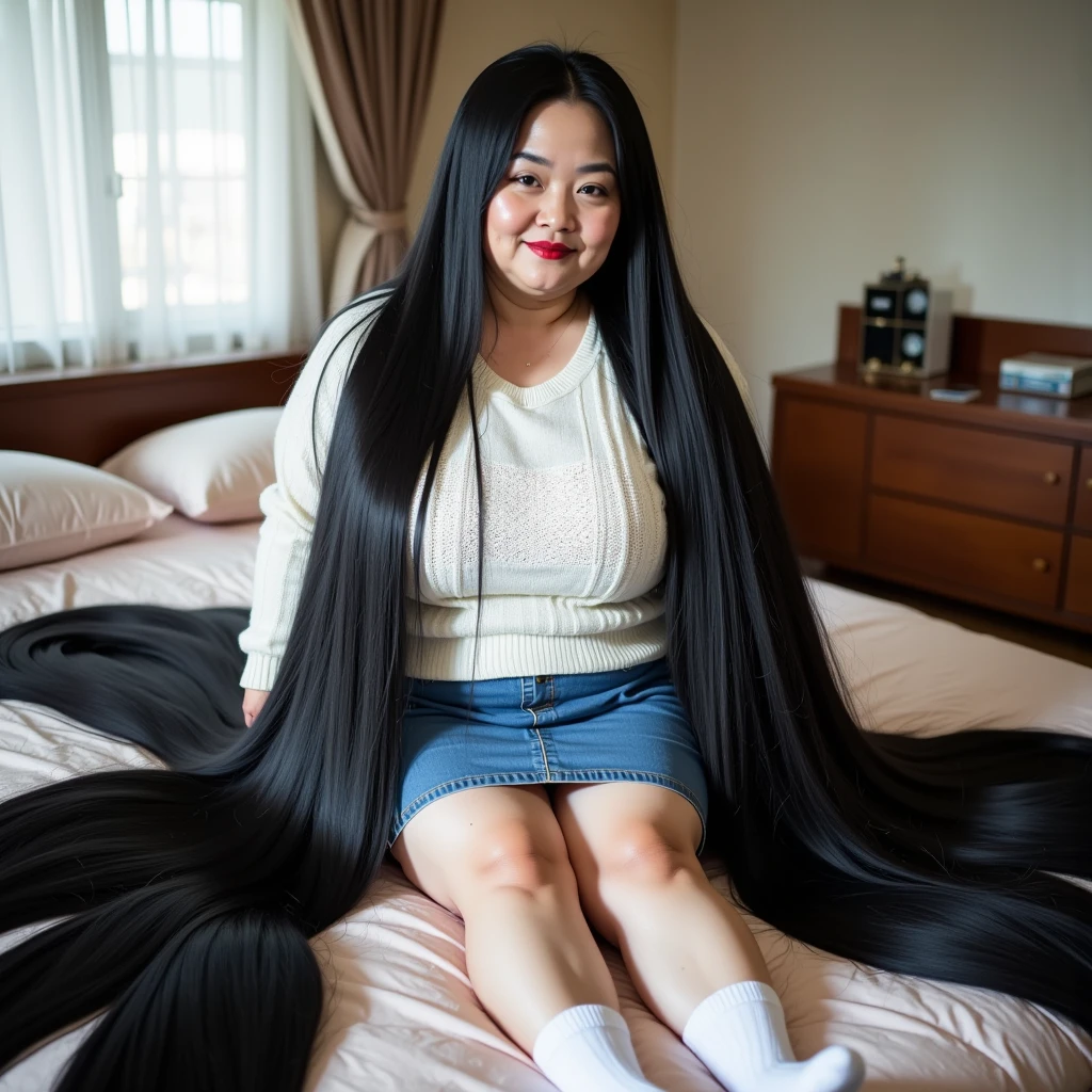 8k,Highest quality, masterpiece, Ultra-high resolution,(masterpiece:1.6, Highest quality), Intricate details, Middle-aged woman in her 50s,Japanese, alone, full body, ((Absurdly Long hair:1.5)),top of head,(jet Black Hair), (forehead:1.5), (Extremely obese:1.3), (Fat face:1.3), (round face:1.2), (Saggy face:1.2), crow's feet wrinkies, (Relaxed body), (((Super huge breasts:1.8))), (((super Saggy breasts:1.8))), ((Cleavage:1.6)), ((Abnormally long, beautiful black hair that reaches down to her heels:1.5)), ((Her excessively long black hair reaches the ground:1.5)), ((pale skin, shiny skin,Smiling happily,heavy makeup, pink cheek, red lips, thick lips:1.1)),((Mature woman lying on her back on the bed:1.5)),((The mature woman&#39;s incredibly long, lustrous black hair covers the entire bed:1.5)),((White sweater,Blue mini skirt,White socks:1.2))