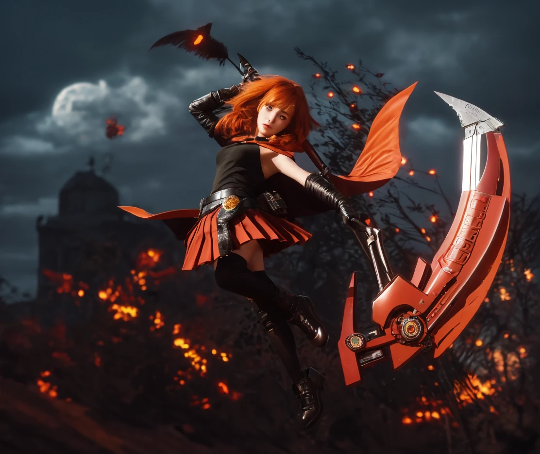 cyberpunked、Gothic fashion、Blue eyes、Red lips、red hairs、beauty legs、sexypose、Seduction Pose、Crimson Cloak、Gothic dresses、micromini skirt、White lace shorts、Cameltoe、(((Flying kick while shooting a gun)))、(Full moon in the background)、(castle in background)