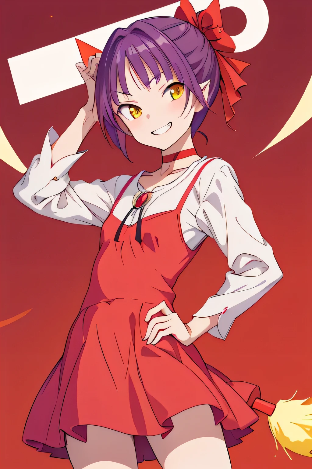 ​masterpiece, top-quality, Hi-Res, NMM1, nekomusume, nekomusume \(GeGeGe no Kitaro 6\), 1girl in, Purple hair, yellow  eyes, solo, Red dress, a red choker, The hair、pointy ear, shorth hair, white  shirt, long-sleeve, Red ribbons, bangss, clavicle, brooches, jewely,(Raking up your hair、One hand is on his hip) (Vicious look、vulgar smile),