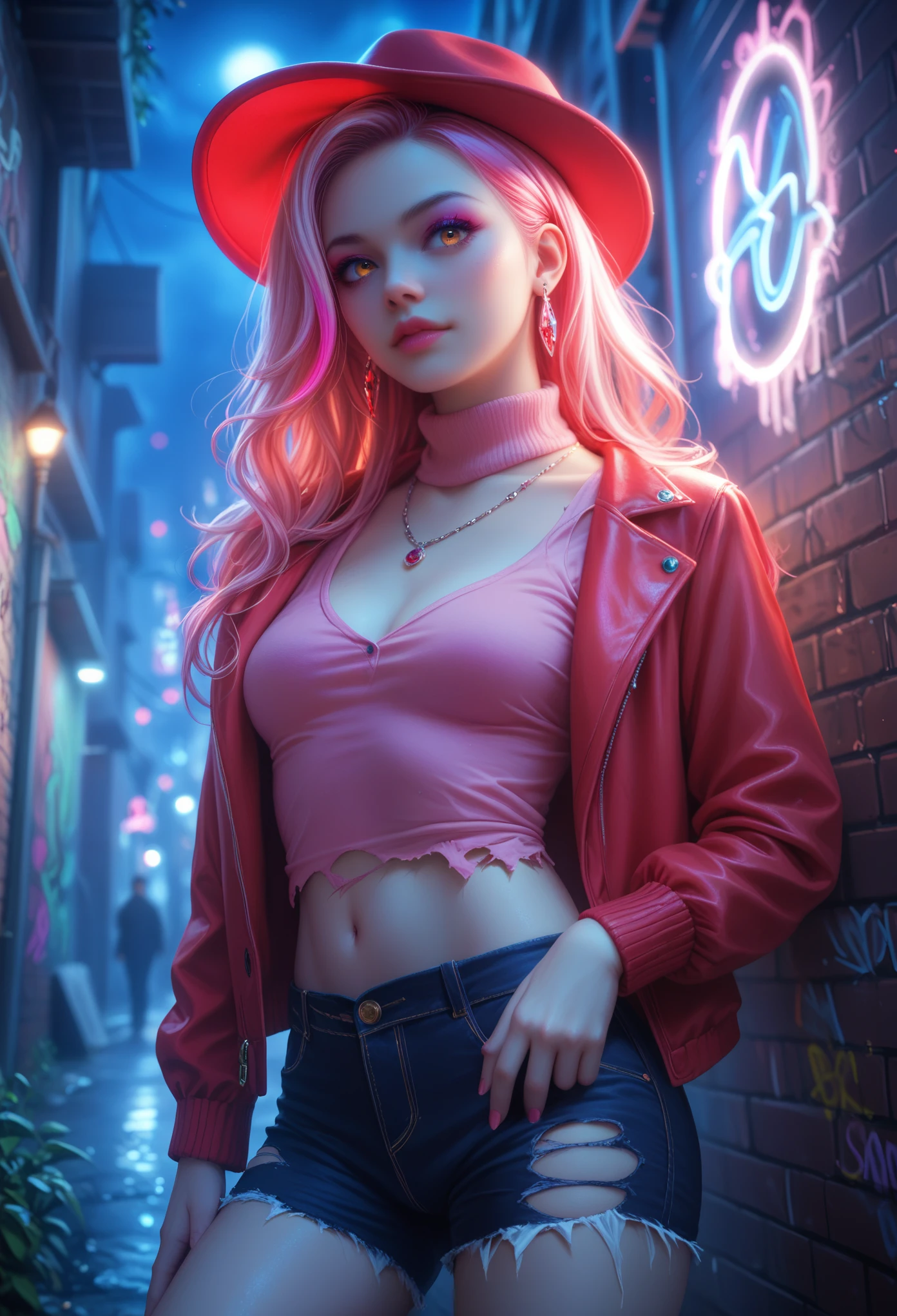 (masterpiece, top quality, 1 girl, One, complex details, chromatic aberration), Realistic,Long hair, red hair, Red headdress, pink highlights, amber eyes, earrings, sharp eyes, Necklace, neon shirt, ripped shorts, unbuttoned jacket, turtleneck, Night, to the wall, brick wall, graffiti, Dim light, alley, looks at the viewer, Maximum Detail: 1.3, Colorful Colors, Shine, makeup, painting,