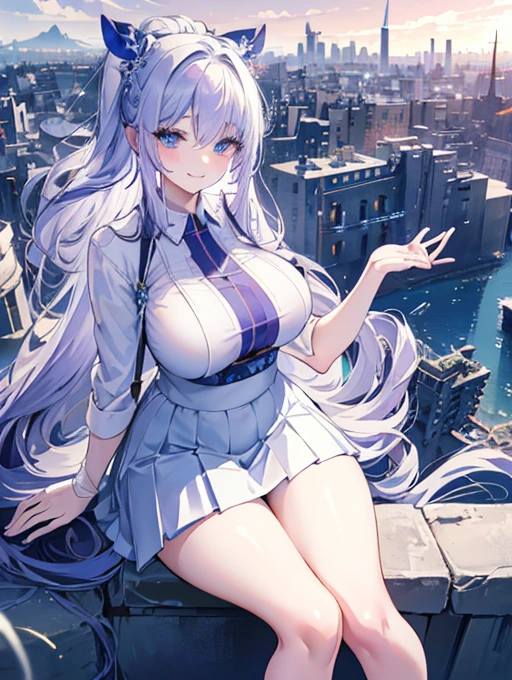 official art, masterpiece, sharp focus, (beautiful gorgeous cute Korean woman:1.3), (beautiful cute Brazilian:1.3), Brazilian beauty, Delicate and beautiful hair and eyes and face, realistic, ultra detailed, beautiful girl, blue sky, glow white particle, (sidelighting:1.2), sun light, white cloud, detailed clouds, slender, Lovely very large breasts and very large hips, smile with teeth, ((smile with eyes, open both eyes)), scenery, long straight hair, sexy facial expression, building, (cityscape:1.7), dynamic hair, long straight hair, detailed platinum pink hair, glow blue eyes, (blue pleated shirts + white skirt), white long socks, pale skin, hair ornament, epic scenery,