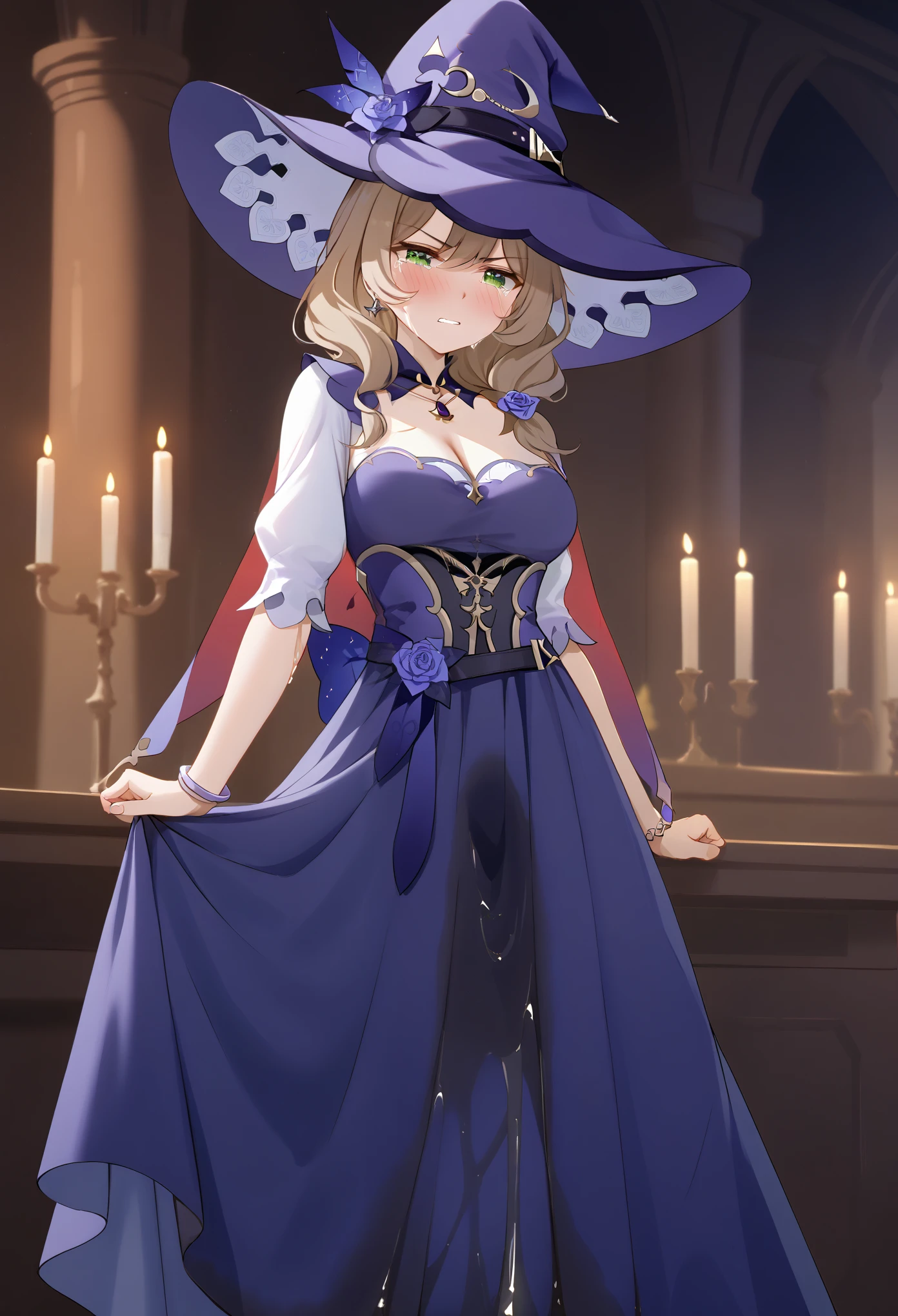 (\li sha\), 1girl, breasts, lisa \(genshin impact\), hat, witch hat, green eyes, solo, brown hair, cocktail dress, party dress, (long dress:2.0), pantyhose, purple headwear, earrings, long hair, witch, crown, bangs, hair ornament, extremely detailed eyes and face, detailed facial features, (wetting self:2.0), (facing viewer:1.5), embarrassed, humiliation, (blushing:1.5), (angry:1.5), tears, (standing straight:1.5), tears, (best quality,4k,8k,highres,masterpiece:1.2),ultra-detailed, portrait, cinematic lighting, dramatic contrast, full body