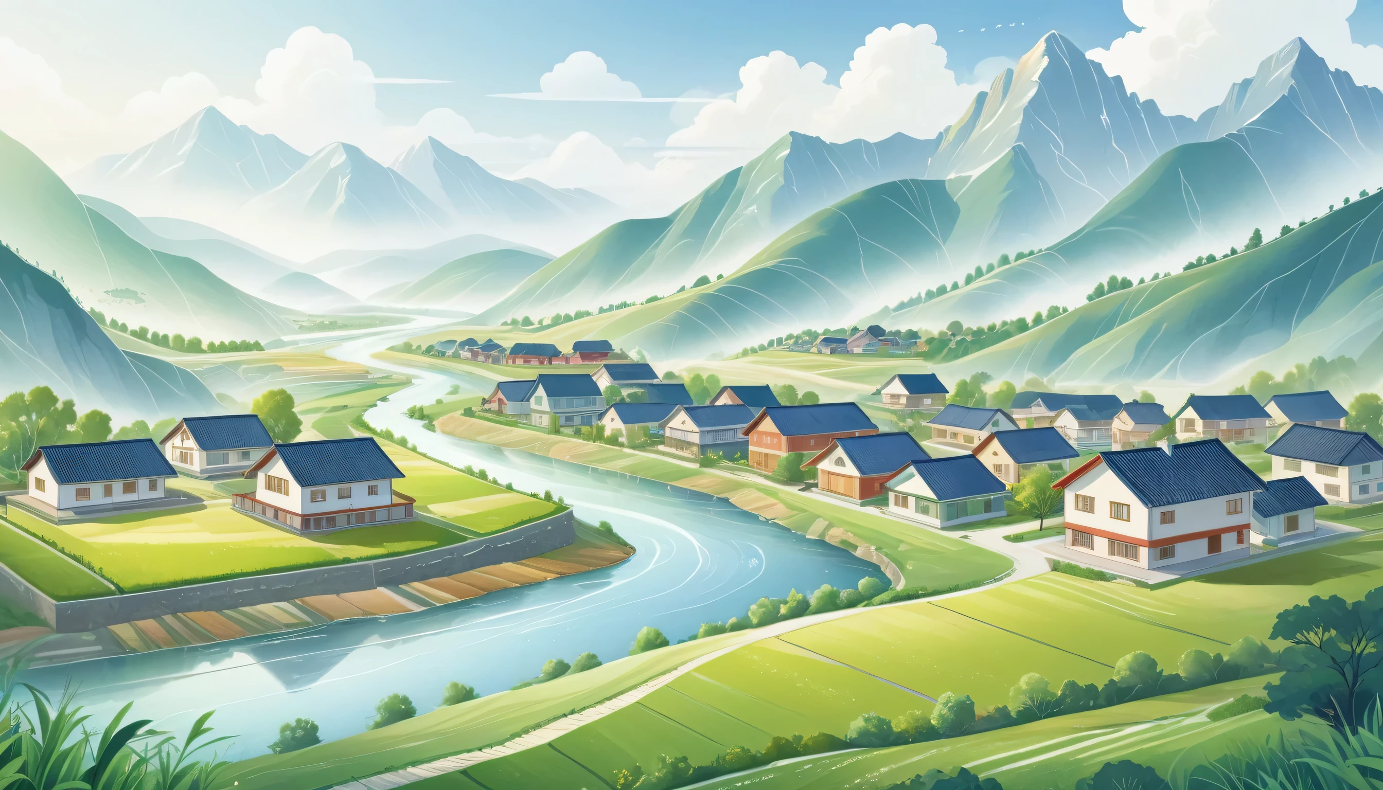 Many modern two-story buildings were built on the flat land between the mountains.，Farmland and creek，Mass Housing, City, Many buildings, Residential area, Big scene，Depth，Mainly line illustrations，Simplicity