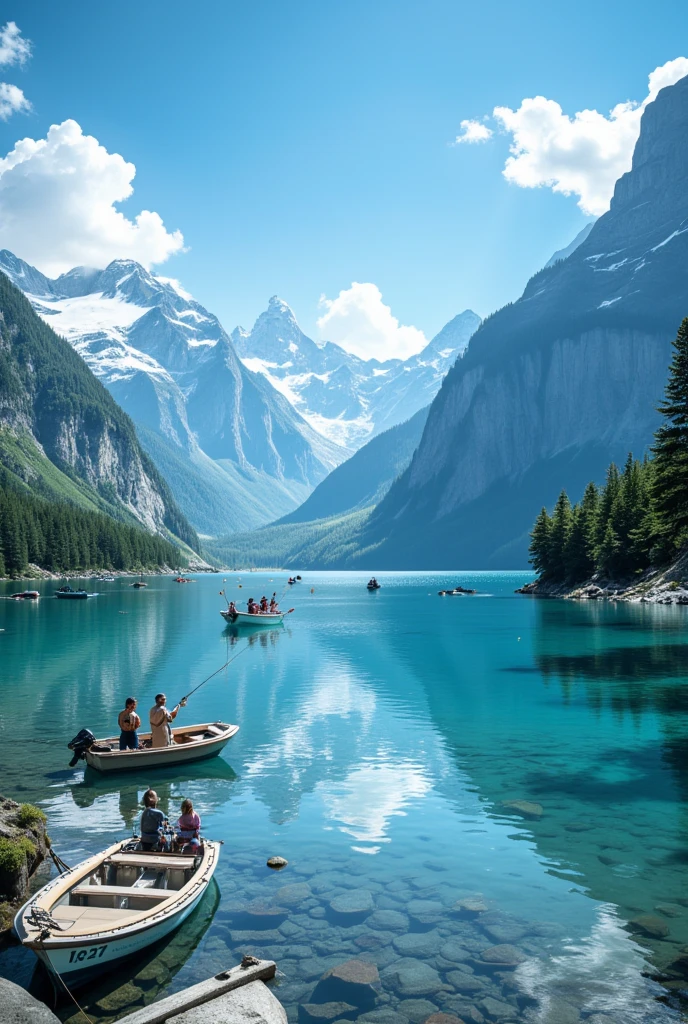 the lake water is clear to the bottom, and the distant mountains appear particularly beautiful against the blue sky and white clouds. Tourists can fish and take boats by the lake, experiencing the pleasure of intimate contact with nature.

full body, Professional, perfect composition, ultra-detailed, intricate details