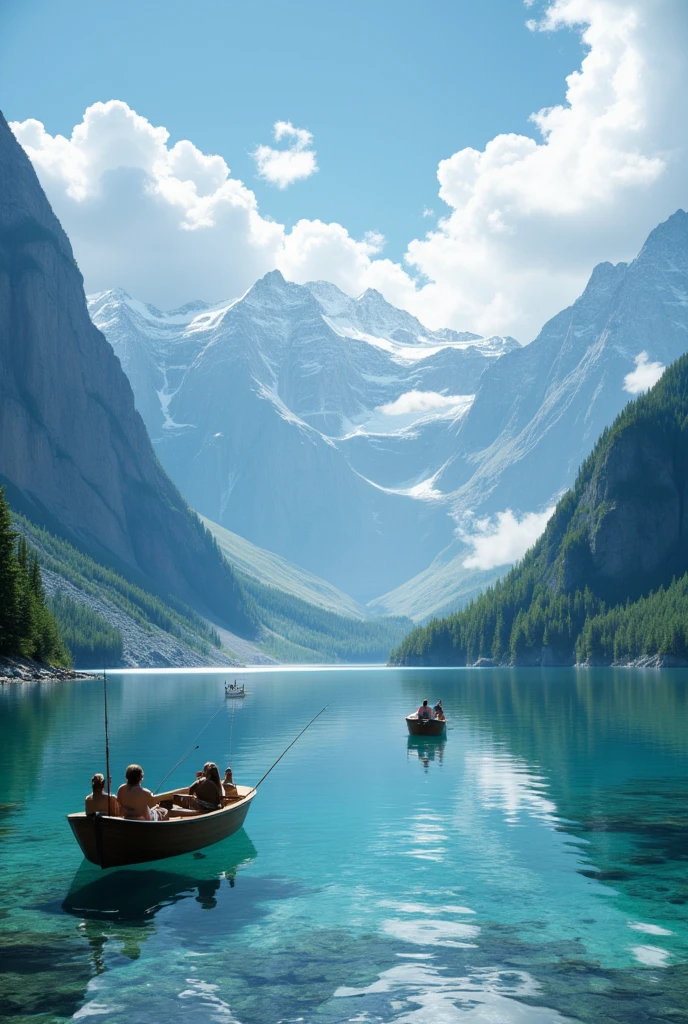 the lake water is clear to the bottom, and the distant mountains appear particularly beautiful against the blue sky and white clouds. Tourists can fish and take boats by the lake, experiencing the pleasure of intimate contact with nature.

full body, Professional, perfect composition, ultra-detailed, intricate details