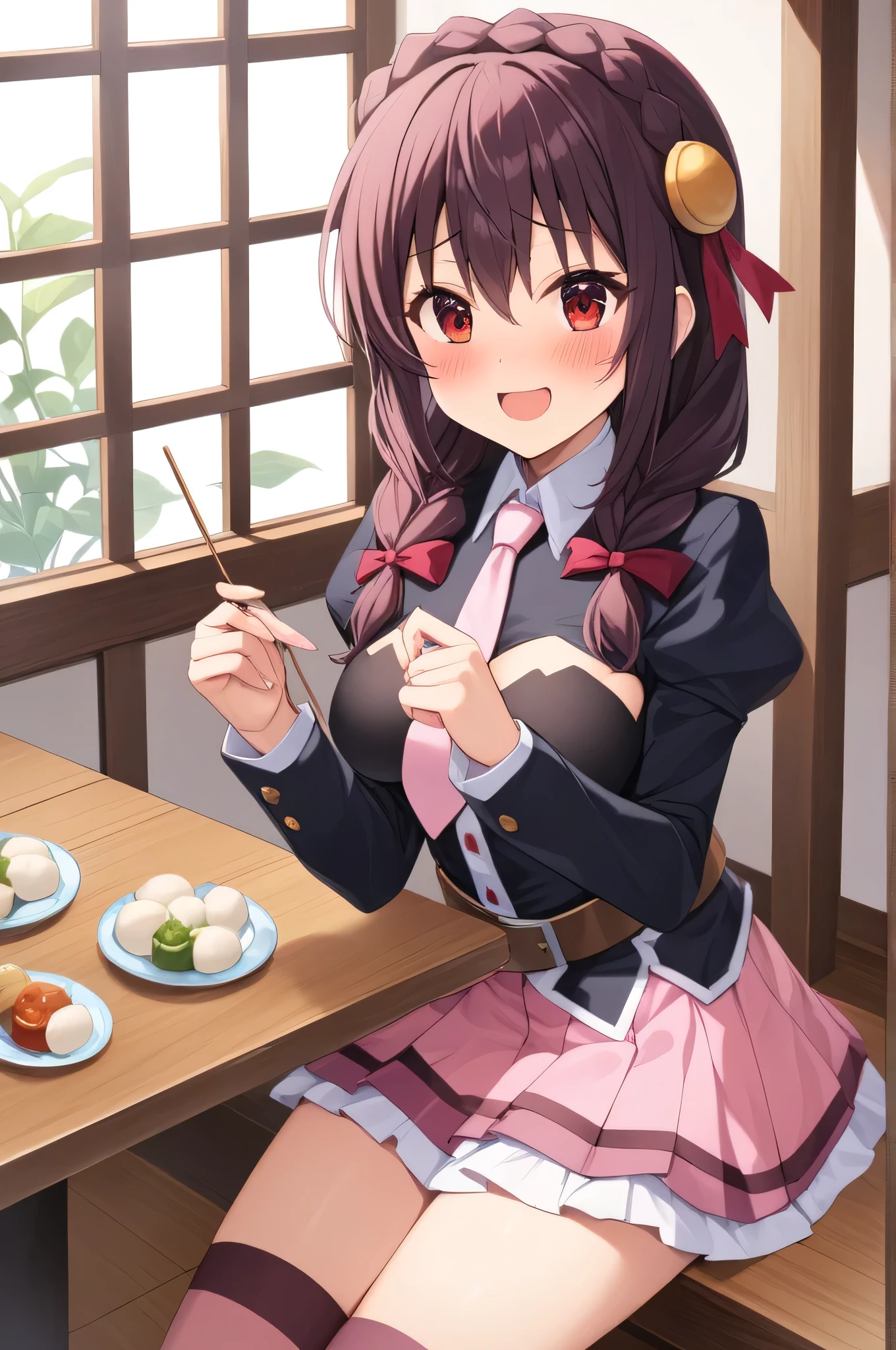 masterpiece,Best Quality, High resolution,One person, Yunyun、My name is Yunyun, Crown braids in the same color as your hair, Red eyes、Hair Accessories, Hair Ribbon, Pink tie, Black long sleeve, Pink Skirt, Knee socks, belt, (Chest cut-out),(Clevis)、The chest is large、(Happy expression:1.4)、(blush:1.4)、Eating three-colored dumplings on a skewer、Teahouse