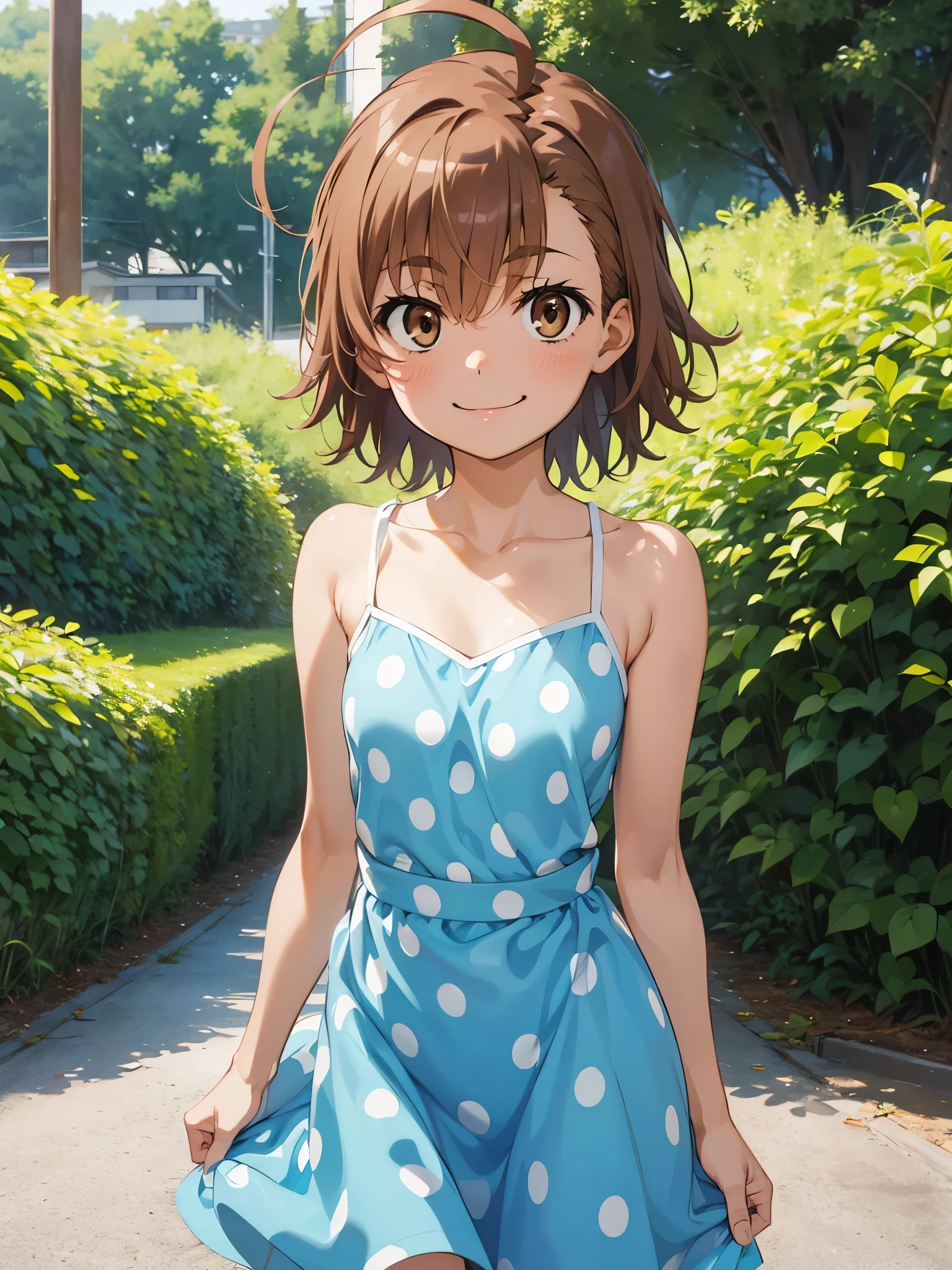 masterpiece, best quality, aalo, solo, short hair, ahoge, collarbone, polka dot dress, blue dress,
 smile, standing, outdoor,