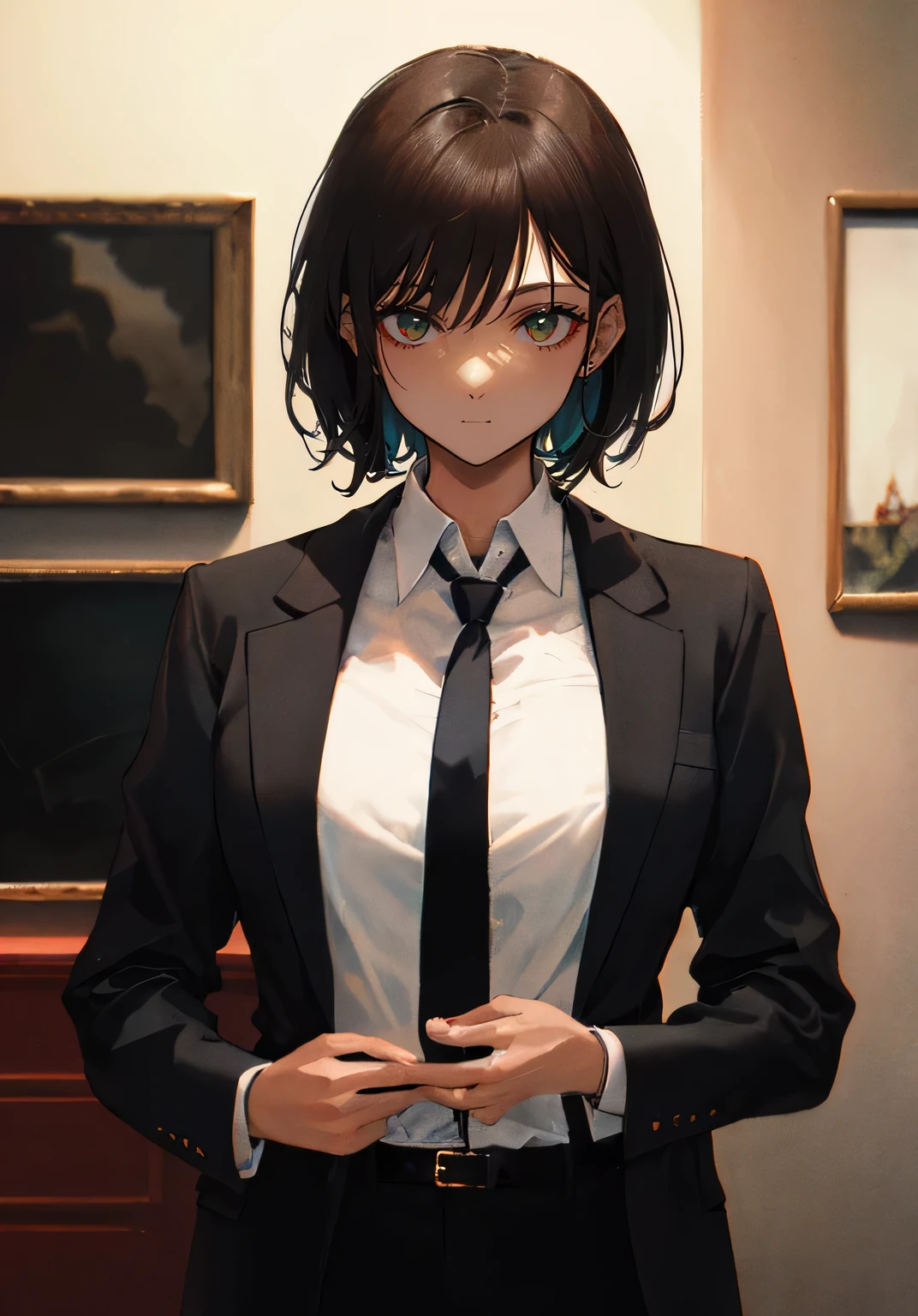 Anime style, a female mafia boss, a woman with short black hair, wearing a black suit jacket, formal trousers, and a neatly tied necktie, glaring intensely with a sharp and piercing gaze, dark brown eyes, standing confidently, only the upper body shown in a close-up, dominant and imposing figure, stern and intimidating, (70s noir film style, dim lighting, smoky room, vintage furniture, (highly detailed and polished art style)), with minimal emphasis on lips