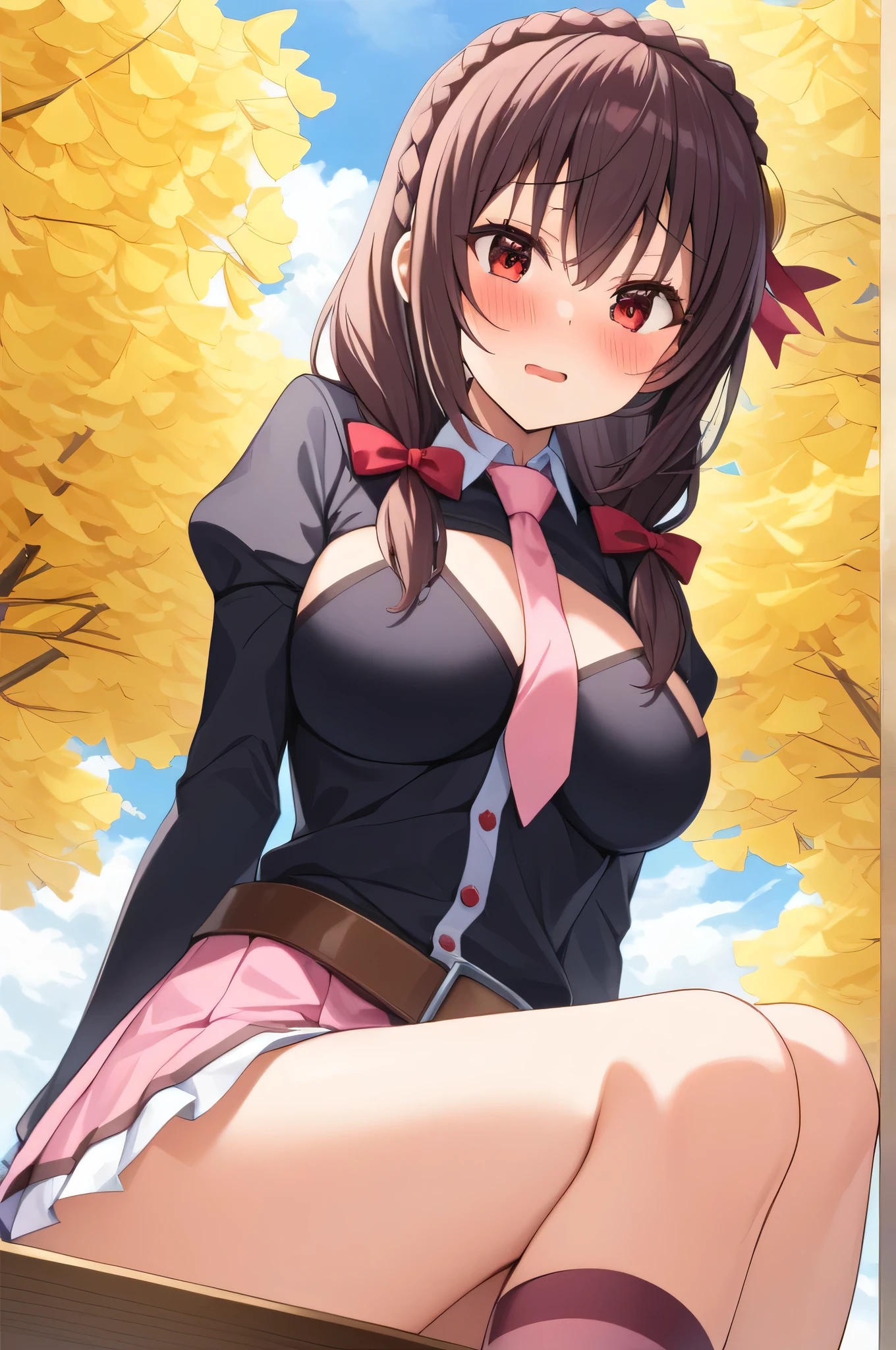 masterpiece,Best Quality, High resolution,One person, Yunyun、My name is Yunyun, Crown braids in the same color as your hair, Red eyes、Hair Accessories, Hair Ribbon, Pink tie, Black long sleeve, Pink Skirt, Knee socks, belt, (Chest cut-out),(Clevis)、The chest is large、(Embarrassed look:1.4)、(blush:1.4)、The background is a ginkgo tree、(Cover the viewer)、View from below