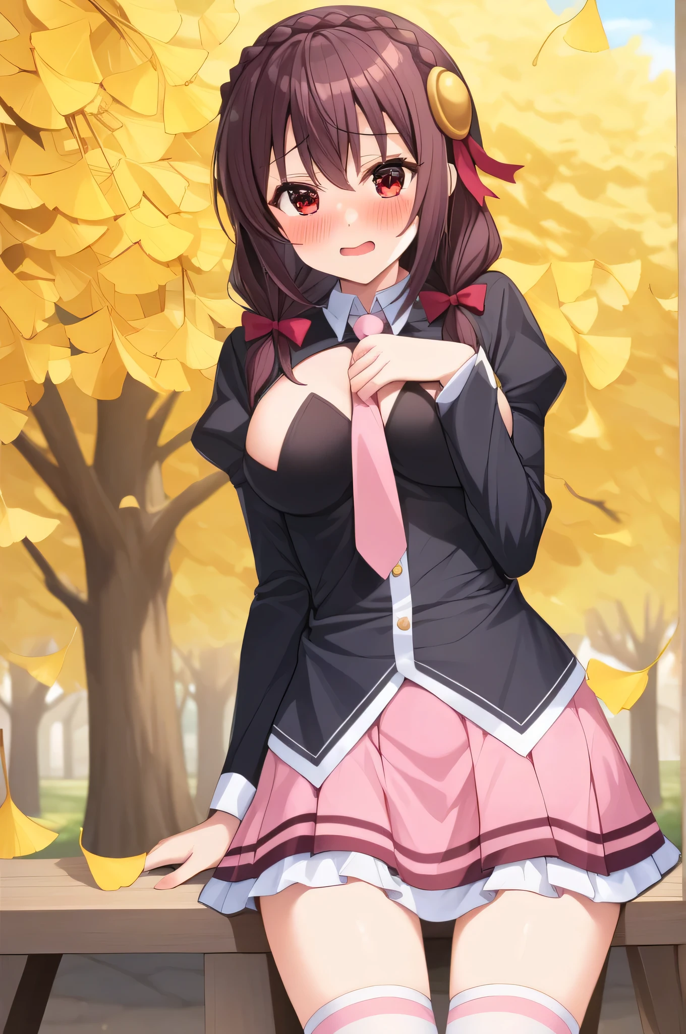 masterpiece,Best Quality, High resolution,One person, Yunyun、My name is Yunyun, Crown braids in the same color as your hair, Red eyes、Hair Accessories, Hair Ribbon, Pink tie, Black long sleeve, Pink Skirt, Knee socks, belt, (Chest cut-out),(Clevis)、The chest is large、(Embarrassed look:1.4)、(blush:1.4)、The background is a ginkgo tree、Cover the viewer