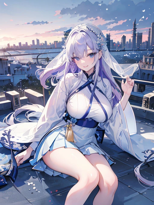 official art, masterpiece, sharp focus, (beautiful gorgeous cute Korean woman:1.3), (beautiful cute korean:1.3), korean beauty, Delicate and beautiful hair and eyes and face, realistic, ultra detailed, beautiful girl, blue sky, glow white particle, (sidelighting:1.2), sun light, white cloud, detailed clouds, slender, Lovely very large breasts and very large hips, smile with teeth, ((smile with eyes, open both eyes)), scenery, long straight hair, sexy facial expression, building, (cityscape:1.7), dynamic hair, long straight hair, detailed platinum pink hair, glow blue eyes, (blue pleated shirts + white skirt), white long socks, pale skin, hair ornament, epic scenery,