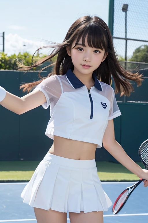(nsfw:1.5)、lift skirt、show panties、masterpiece、highest quality、super realistic、surreal、Ultra high definition、8k、Raw photo、textured skin、holding a tennis racket
