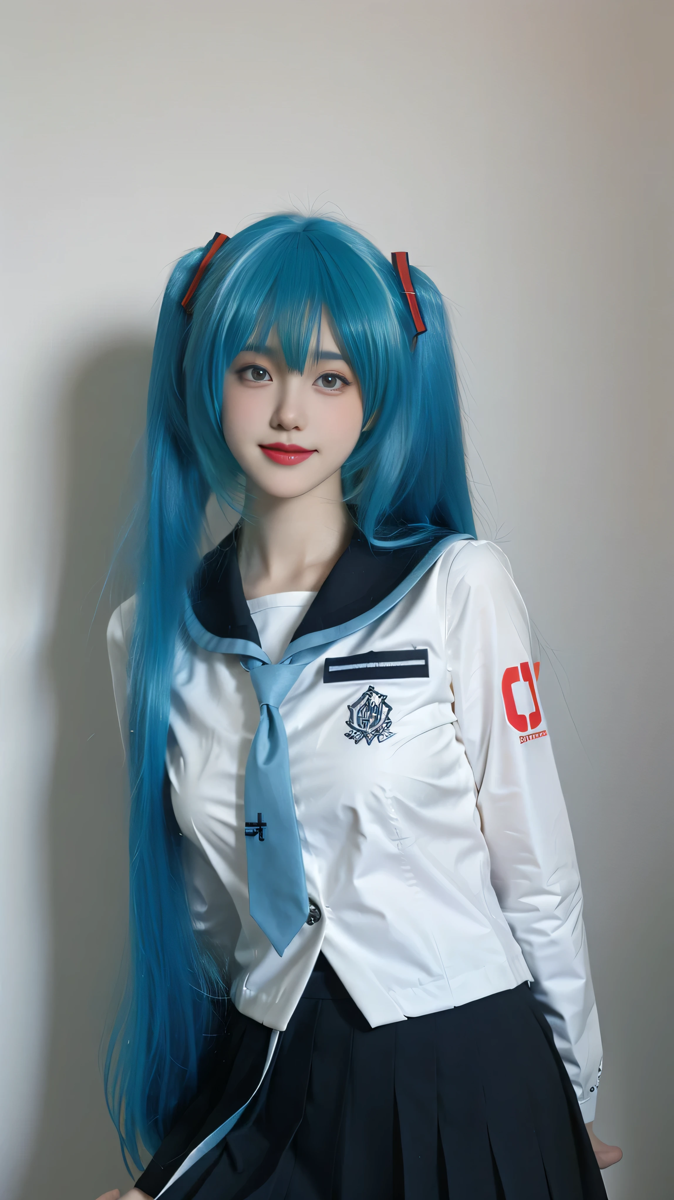 (best quality), (masterpiece), (Ultra-high resolution), (Clear face), (Reality: 1.4), (perfect lighting),(photorealistic:1.30), anime wallpaper, Guviz style artwork , fantasy cover up to magic , by Yang J, Guviz, beautiful artwork illustration, beautiful digital artwork, beautiful digital illustration, Li Song, beautiful anime portrait, art style at Beauvot,illustration, ethereal and beautiful, highly detailed, CG, unity, 8k wallpaper, Amazing, fine detail, official art, highly detailed CG unity 8k wallpaper,absurd, extremely absurd, large file size, highly detailed , high resolution, very detailed,beautiful girl with details, very detailed eyes and face, beautiful detailed eyes,light on the face,cinematic lighting, 1girl, solo, looking at viewer, smile, standing, cowboy shot, arms at side, hatsune miku, cosplay, aqua hair, twintails, hair ornament, very long hair, headphones, alternate costume, school uniform, sailor collar, serafuku, shirt, long sleeves, necktie, skirt, pleated skirt, simple background, (full body:1.3),