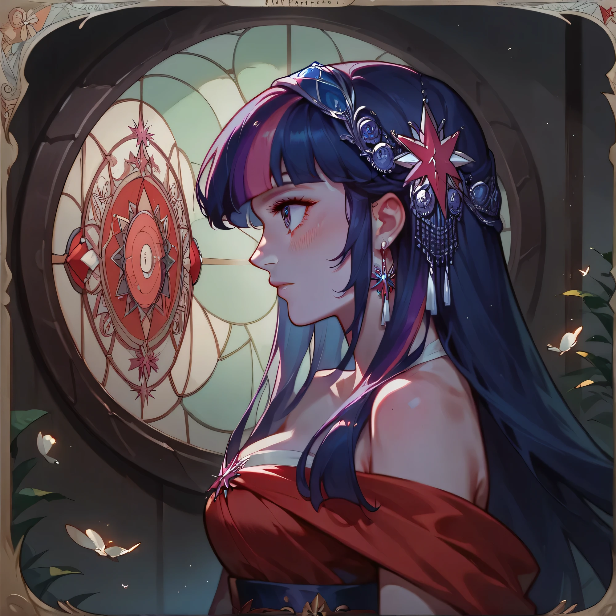 Art Nouveau Style, poster in a theater, (art by wes anderson), upper body, blush, profile ,(masterpiece, finely detailed beautiful eyes: 1.2), 1girl, solo,bangs, sash,red sash, beautiful, small details, ultra detailed, best quality, intricate, sharp, digital illustration, detailed,large breast ,Twilight Sparkle, Blue hair, Purple hair, purple eyes,long hair, Expressiveh,Magic and magical elements