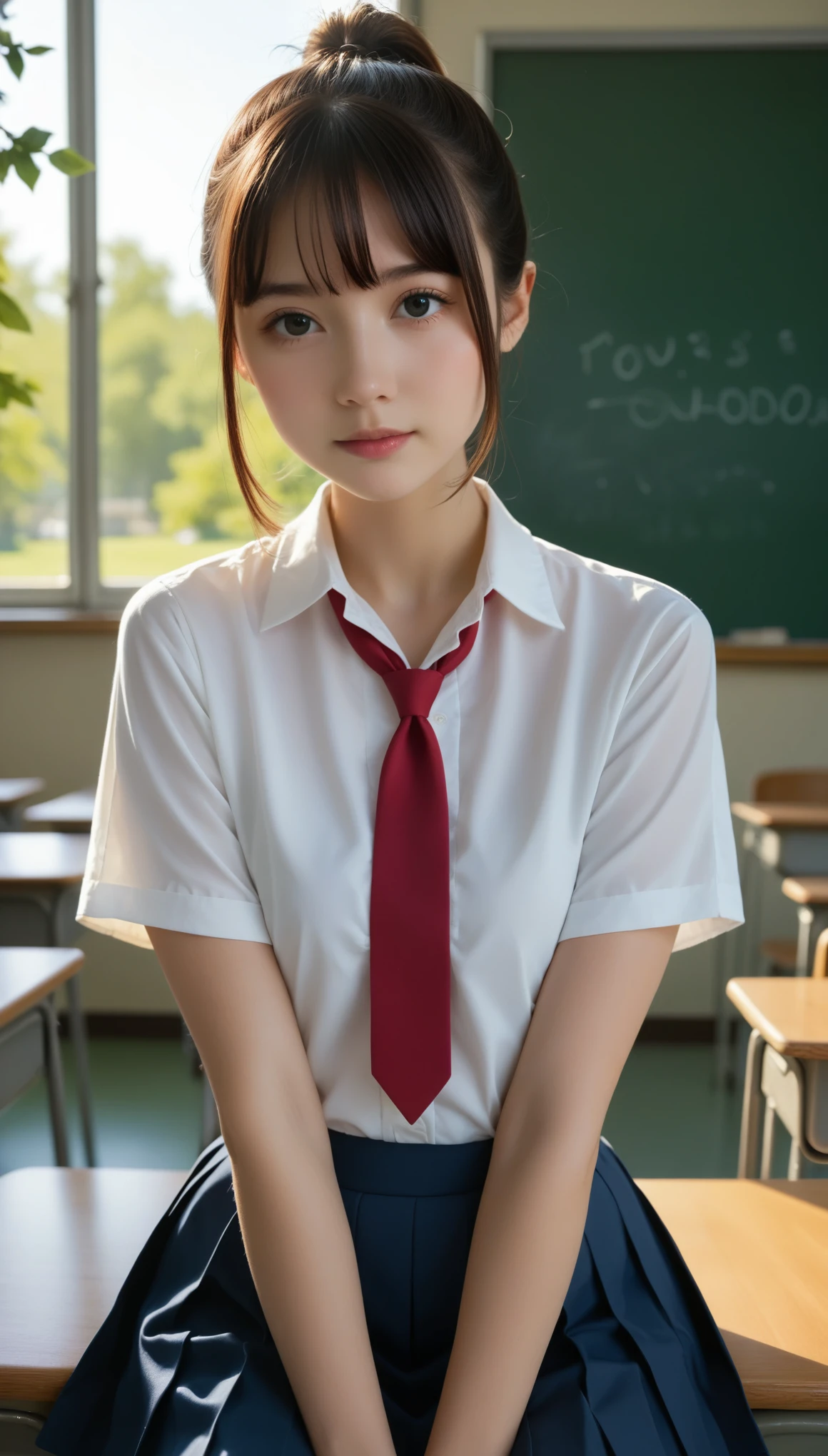 masutepiece, Best Quality, Ultra-detailed, finely detail, hight resolution, 8K, Perfect dynamic composition,Seen from below、Sitting on a desk at school、School Uniforms、a miniskirt、Raise one knee、White panties are visible、large full breasts、cute smile face、bangss、Red face,Japan 18-year-old woman、 Beautiful detailed eyes,  Medium short hair, Natural Color Lip,