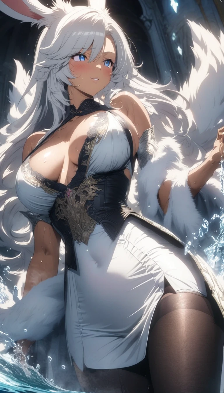 a beautiful viera lady from final fantasy , long white hair, white dress with deep neckline and cutouts on hips and under bust, tanned body, showing cleavage, soft fluffy bunny ears, blue eyes looking bashful with soft blush, photographed from low angle, 8k, high resolution, detailed breasts, elegant, fantasy, soaking wet clothes, anime style, anime drawing, anime coloring, flirty face, beautiful black stockings