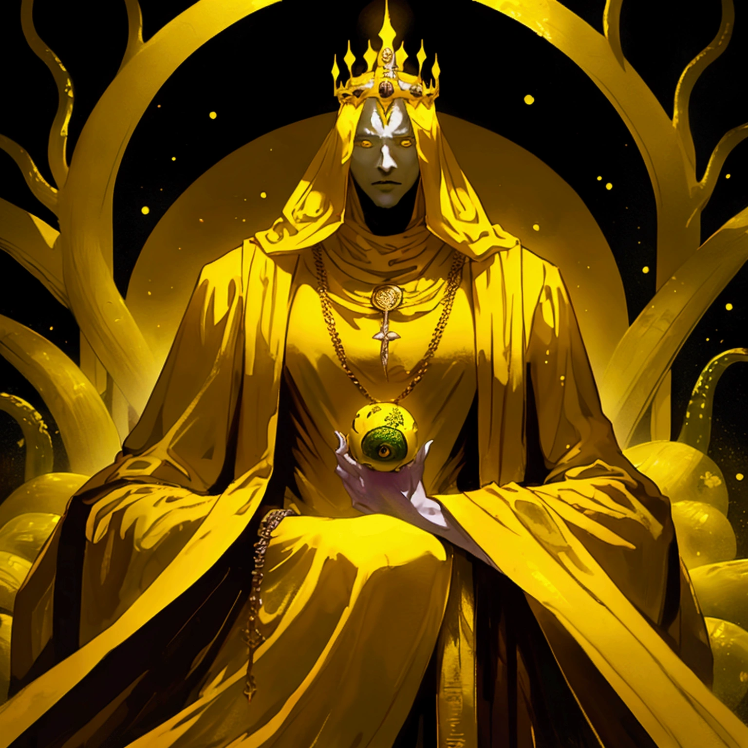 a painting of a man dressed in a yellow robe and a crown, hastur the king in yellow, yellow-robed cultist, king in yellow, the god emperor of mankind, portrait of emperor of mankind,the king in yellow, A painting of hastur the king in yellow, yellow-robed, beautiful male ,king in yellow, hastur the king in yellow, , portrait of hastur the king in yellow, the king in yellow,honoring hastur the king in yellow artwork, portrait of the god hastur,hastur,galactic deity, concept art of hastur the king in yellow, peter mohrbacher style,