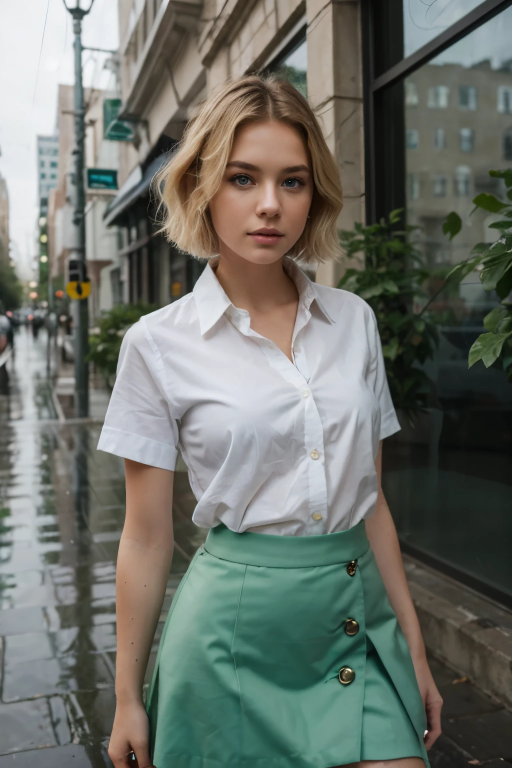 1girl, blond hair, short hair, blue eyes, white shirt, green tie, green skirt, city, rain, detailed background
