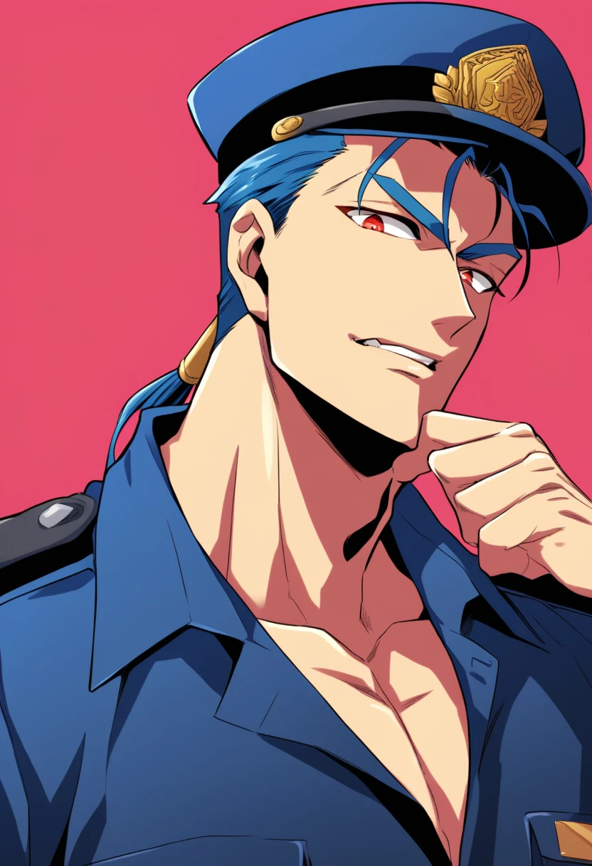 cu Chulainn Lancer blue dressed as a policeman with good body with red anime eyes and with a flirtatious look