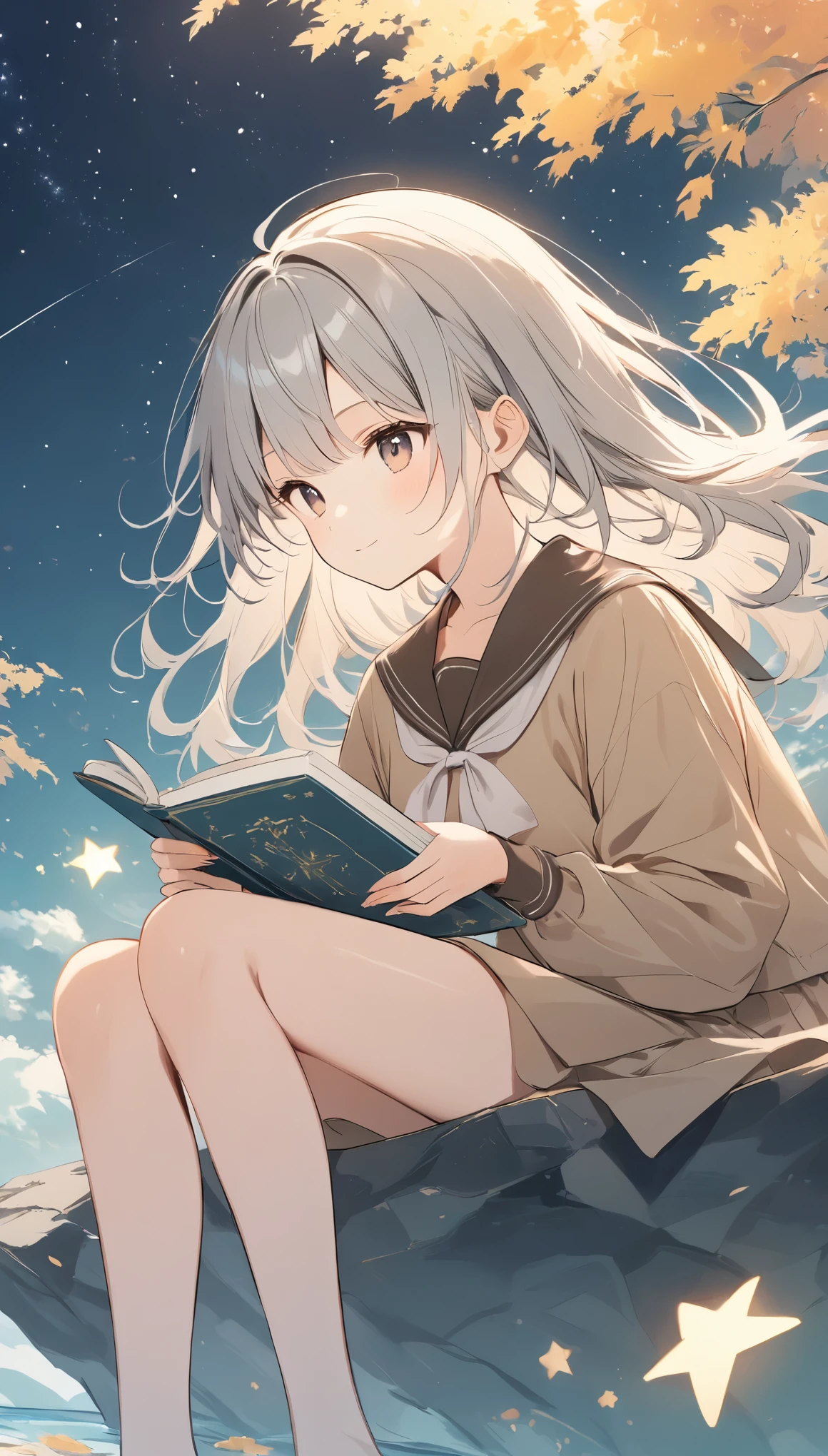 The pale line art and pale colors create a dreamy and ephemeral impression.,Light effects、A girl sitting on a rock and writing a book,Starry Sky、Cute stars are floating around、Grey Hair、Semi-long、Brown sailor suit、Cute Girls