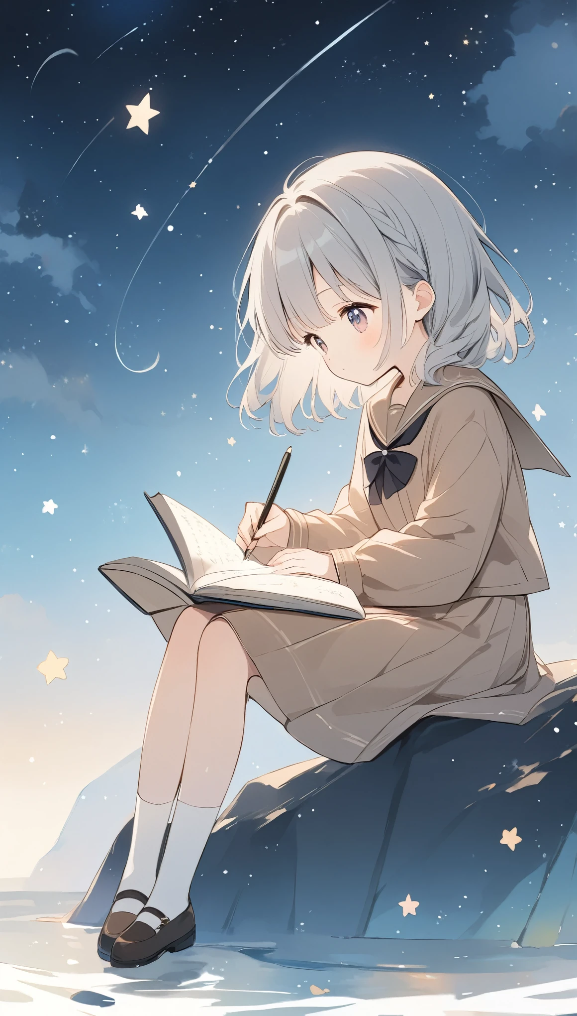 The pale line art and pale colors create a dreamy and ephemeral impression.,Light effects、A girl sitting on a rock and writing a book,Starry Sky、Cute stars are floating around、Grey Hair、Semi-long、Brown sailor suit、Cute Girls