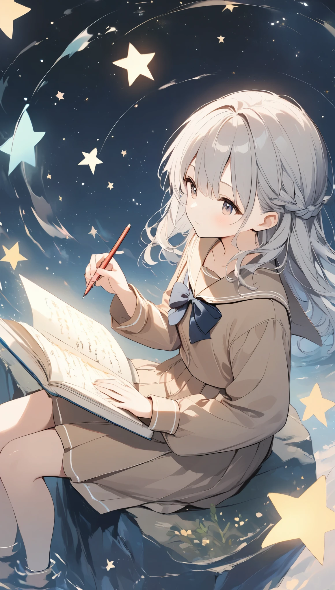 The pale line art and pale colors create a dreamy and ephemeral impression.,Light effects、A girl sitting on a rock and writing a book,Starry Sky、Cute stars are floating around、Grey Hair、Semi-long、Brown sailor suit、Cute Girls