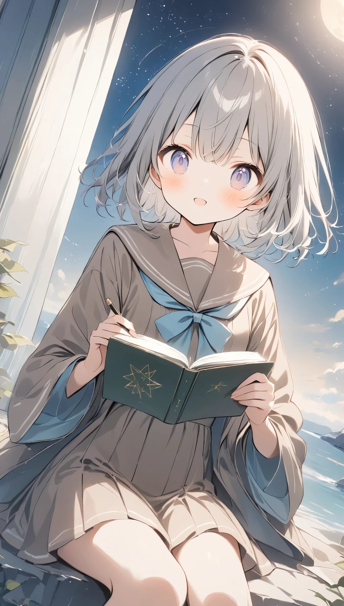 The pale line art and pale colors create a dreamy and ephemeral impression.,In a picture book、Light effects、A girl sitting on a rock and writing a book,Starry Sky、Cute stars are floating around、Grey Hair、Semi-long、Brown sailor suit、Cute Girls