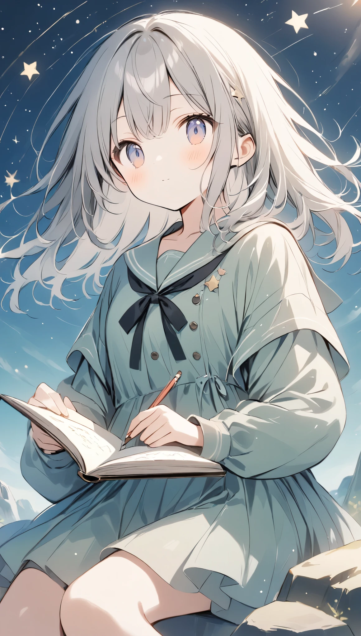 The pale line art and pale colors create a dreamy and ephemeral impression.,In a picture book、Light effects、A girl sitting on a rock and writing a book,Starry Sky、Cute stars are floating around、Grey Hair、Semi-long、Brown sailor suit、Cute Girls