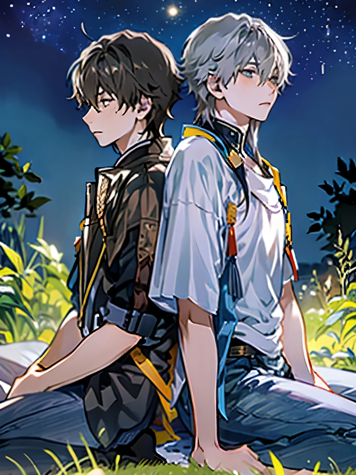 Two young boys are sitting back-to-back under a vast starry sky, their backs leaning against each other. Both boys have short, messy hair and are wearing simple t-shirts and jeans. One boy holds a book while the other gazes up at the countless stars twinkling above them. Their backs are clearly touching as they sit on a grassy hill with scattered trees around, surrounded only by the soft glow of starlight. The boys are sharing a peaceful moment, positioned back-to-back, looking in opposite directions under the starry night sky.