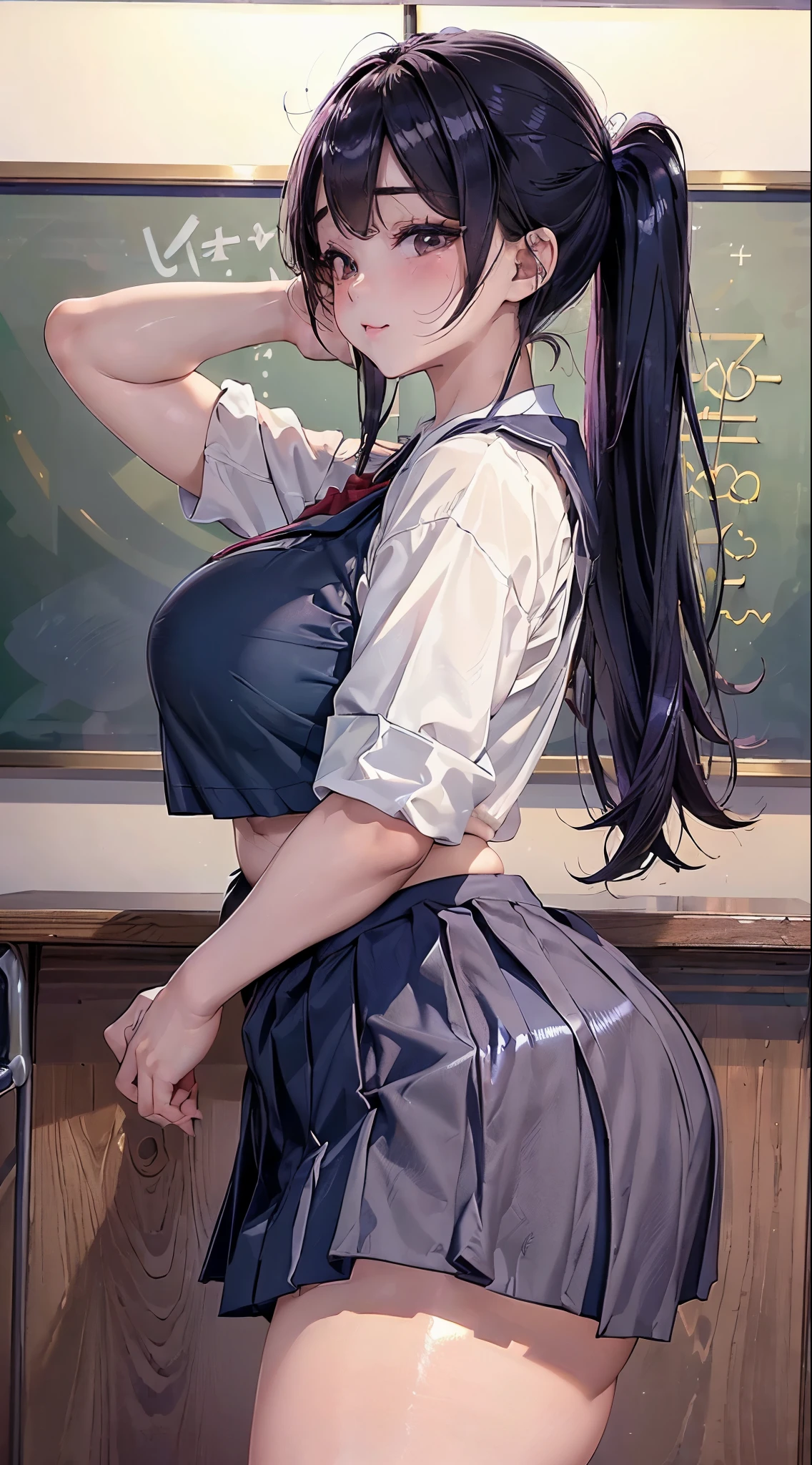 (Best Quality,4K,8k,High resolution,masterpiece:1.2), Super detailed, 超High resolution, , Huge breasts, Large Breasts, Curvy, Black Hair (Tying up hair), (beautiful girl:1.8), Long Hair, uniform,(Double Peace Sign), (baby face:1.3), (Show off your lower body), (Spread your legs wide), classroom, indoor, Bright Day, people々々full, (),(Plump thighs),(Wearing school uniform:1.8)),((Navy blue pleated skirt)),(Grin:0.6)、(Upper body only)，(Show off your thighs)､(Side angle:1.5)，(Shiny skin:1.5)