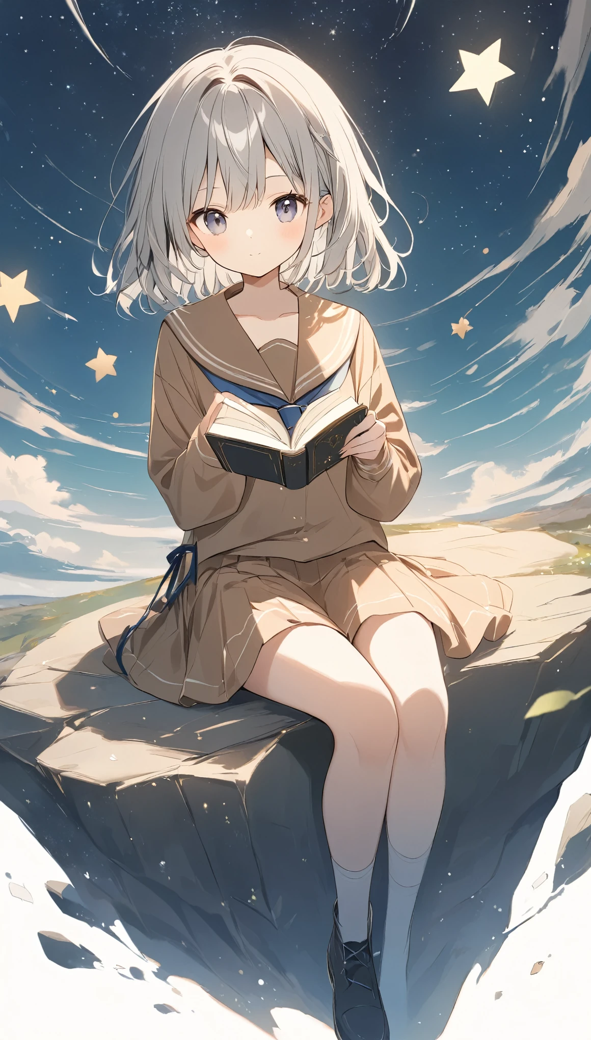 The pale line art and pale colors create a dreamy and ephemeral impression.,Light effects、A girl sitting on a rock and writing a book,Starry Sky、Cute stars are floating around、Grey Hair、Semi-long、Brown sailor suit、Cute Girls