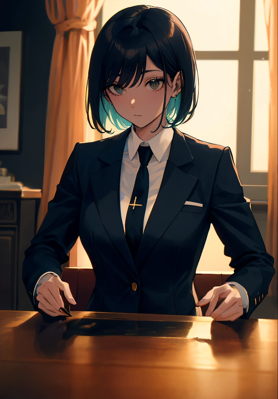 Anime style, a female mafia boss, a woman with short black hair, wearing a black suit jacket, formal trousers, and a neatly tied necktie, glaring intensely with a sharp and piercing gaze, dark brown eyes, standing confidently, only the upper body shown in a close-up, dominant and imposing figure, stern and intimidating, (70s noir film style, dim lighting, smoky room, vintage furniture, (highly detailed and polished art style)), with minimal emphasis on lips