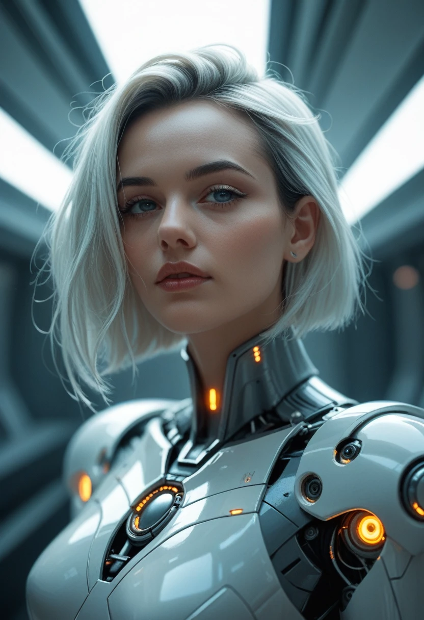 A realistic depiction of a beautiful female android with a futuristic and elegant design. She has human-like, smooth, slightly metallic skin with a light tone. Her eyes are a deep, glowing blue, reflecting her cybernetic nature. Her hair is short, blonde, and styled in a modern, tech-inspired fashion. She wears a fitted high-tech outfit with metallic accents and blue LED light inserts. Her expression is serene yet mysterious, with a nearly inhuman touch of perfection. The background is a futuristic environment that highlights her in a technologically advanced setting.