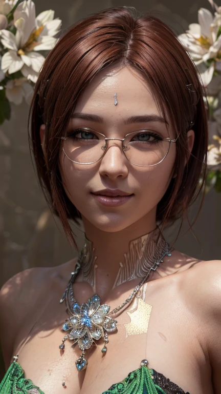 portrait, close-up, upper body. Short, red hair, green eyes, glasses with metal frames, green robe, joyful smile, cheerful girl . (masterpiece, top quality, best quality, official art, beautiful and aesthetically pleasing:1.2), extremely detailed,(fractal art:1.2),Colorful,The most detailed, (dynamic pose), (bedroom background:1.5), (many flowers:1.4). ((SPLIT. Skin texture, shiny skin. elegance. photorealism. unreal engine. 3D model. Ultra high quality textures. high detail. permission 8k))