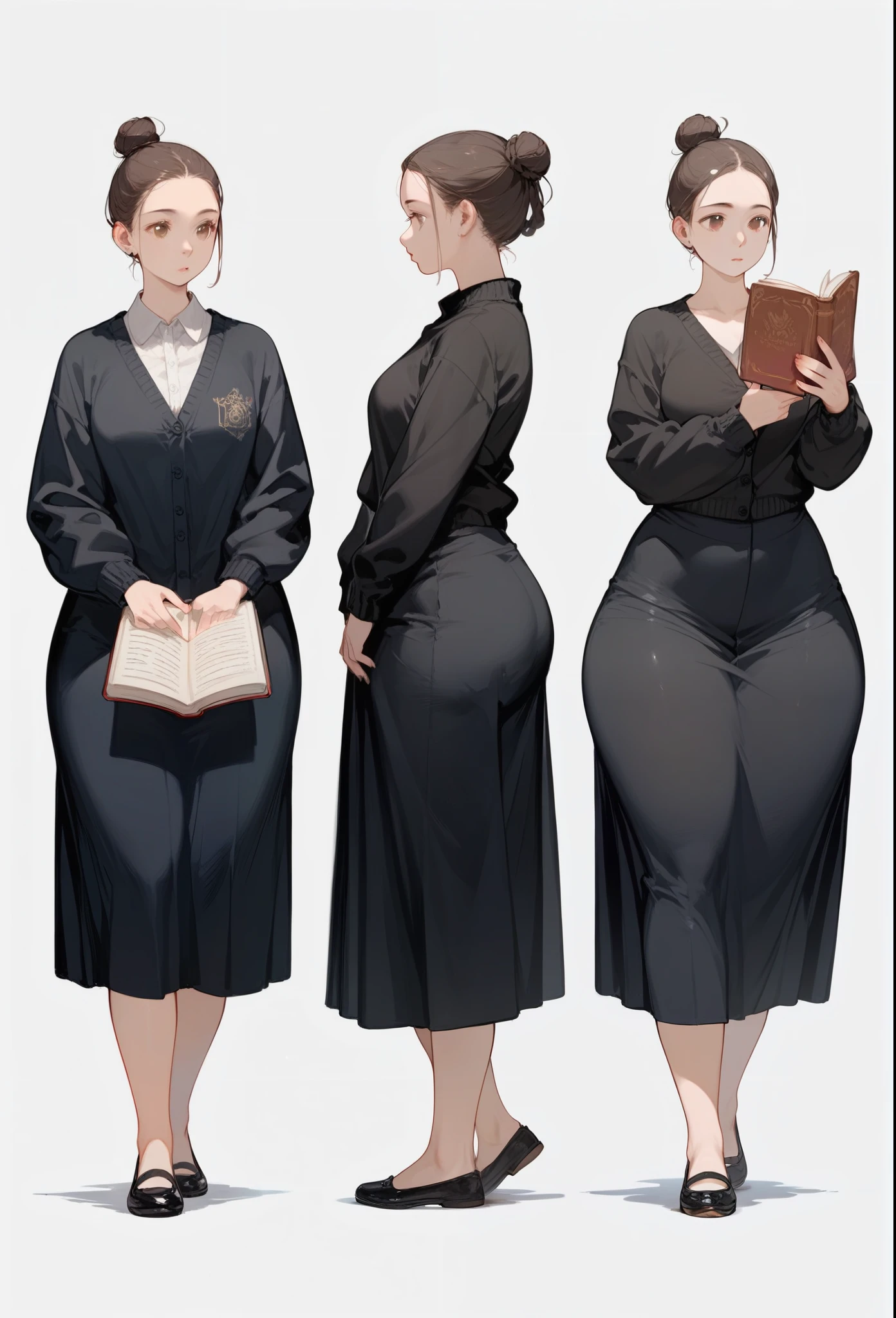 pale adult woman, medium breasts, thick thighs, massive thighs, wide hips, short brown hair in a sleek hairbun, hair tied back, exposed forehead, top hair bun, short hair,tight black cardigan, black blouse, conservative skirt, long black skirt, very long skirt, very flowy long skirt, thick thighs pressed together, very thick legs, thick calves, wearing ballerina flats shoes, black footwear, facing forward, she is standing, legs and feet in the photo, full body shown, detailed face, 8k quality, full body shown, side view, walking, holding books
