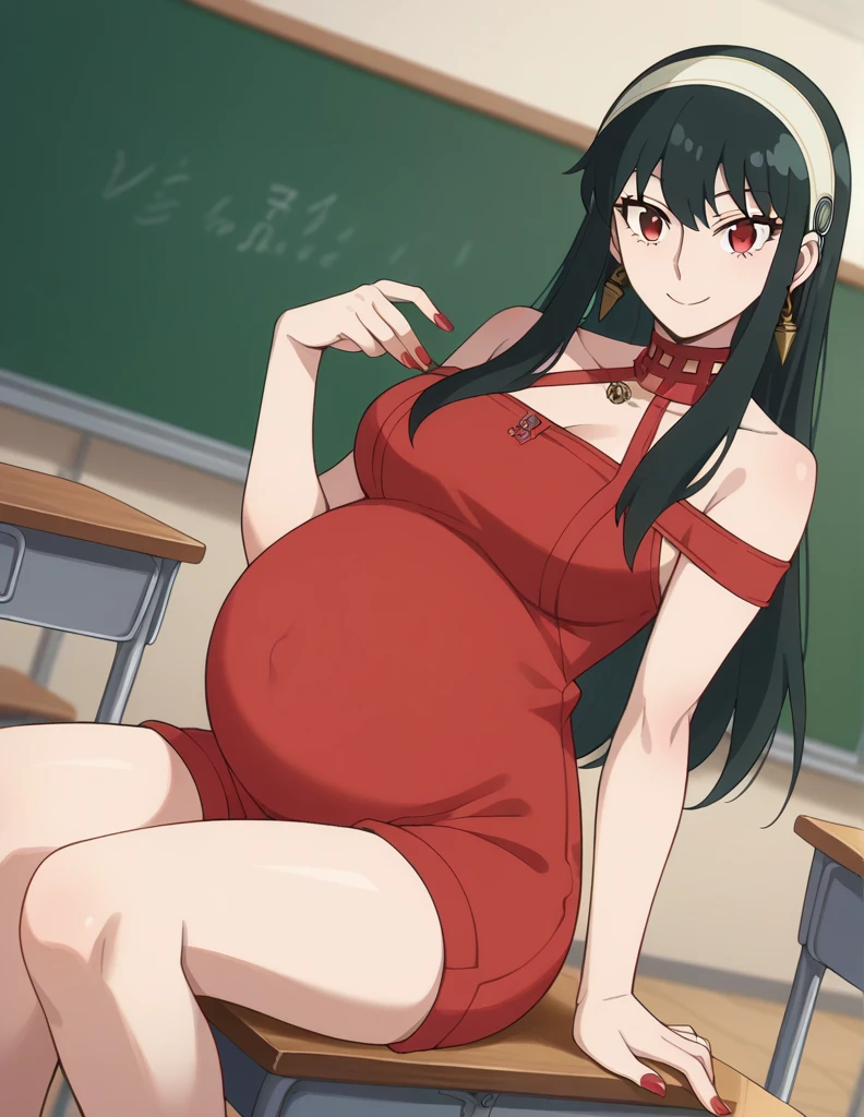 score_9, score_8_up, score_7_up, source_anime,
yorbriar, yor briar, black hair, red eyes, earrings, white hairband, hairband, long hair, sidelocks,
bare shoulders, Dress, shorts, Posing, sitting,
Classroom, smile, Posing, Nail polish,
looking at viewer, dutch angle, cowboy shot, pregnant, huge belly, large belly, Big breasts, belly button, 