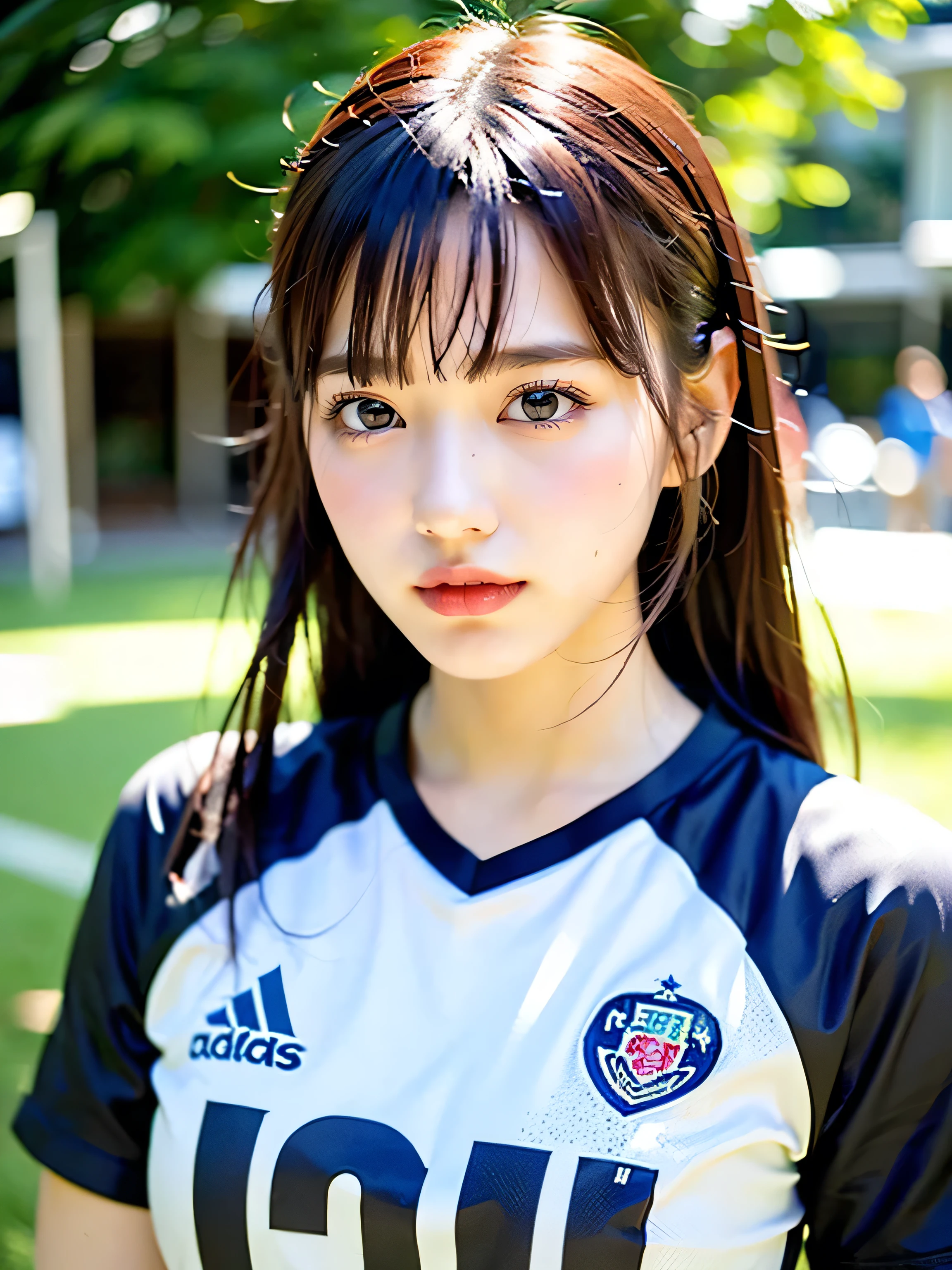 ((highest quality)), (be familiar with), beautiful girl, Realistic skin, one person, no cut, Slender, baby face, Photo like, Cosplayer, outdoor, soccer Player Costume, chiaroscuro, ((masterpiece)), 16k, textured skin, super detail