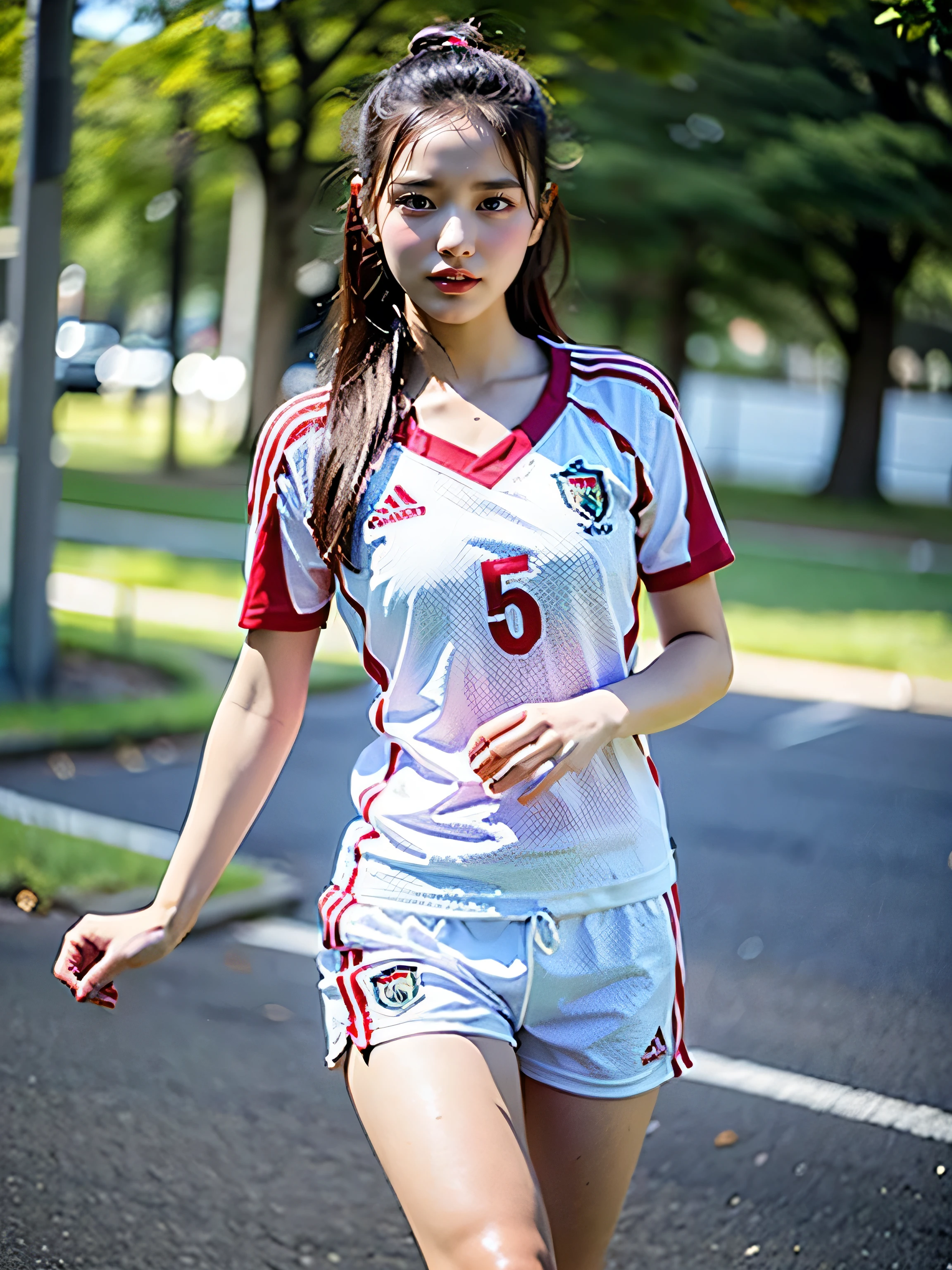 ((highest quality)), (be familiar with), beautiful girl, Realistic skin, one person, no cut, Slender, baby face, Photo like, Cosplayer, outdoor, soccer Player Costume, chiaroscuro, ((masterpiece)), 16k, textured skin, super detail