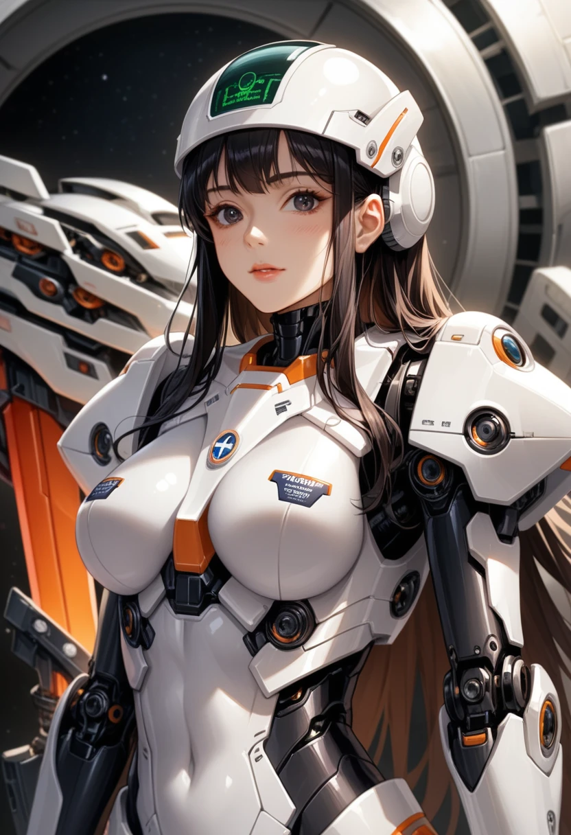 ((obra de arte, melhor qualidade)),illustration,ultra detalhado 8k,fotorrealista,sharp focus,Muito detalhado,Professional Lighting,detalhes coloridos,iridescent colors BREAK extremely long plane of a factory,construction of large mechanical robots,microchip,computador,lustroso, detalhes intrincados,merda-mecha,1girl fica ao lado de Mecha, Gundam, umbigo, bonitinho, sexy, olhos ultra detalhados,