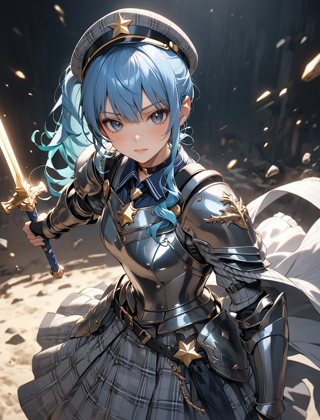 (1girl, (Hoshimachi Suisei:1.5), blue hair, side pony tail, star choker, grey plaid jacket, grey plaid headwear, plaid dress, collared shirt, (hololive)), (Masterpiece: 1.3), best quality, (Maximum Resolution: 1.2), ultra-detailed, cinematic, details, vibrant colors, dramatic lighting, Perfect Beautiful Face, Perfect Beautiful Proportioned Body, (Detailed Eyes and Skin), (Detailed Facial Features), Accurate and Anatomically Correct Face and Body Balance, (Wild mercenary Knight girl:1.3), (Wild Knight's Shiny Iron Armor:1.6), Cool and stylish, (Shiny metal expression:1.2), (Specular Reflection Coating:1.2), Attractive female knight, Alone, (Holding a simple long sword in hand:1.5), (shining sword), mercenary captain, Strong and fleeting eyes, Functional, Divine Protection, Wild, (full body:1.5), (fighting pose),