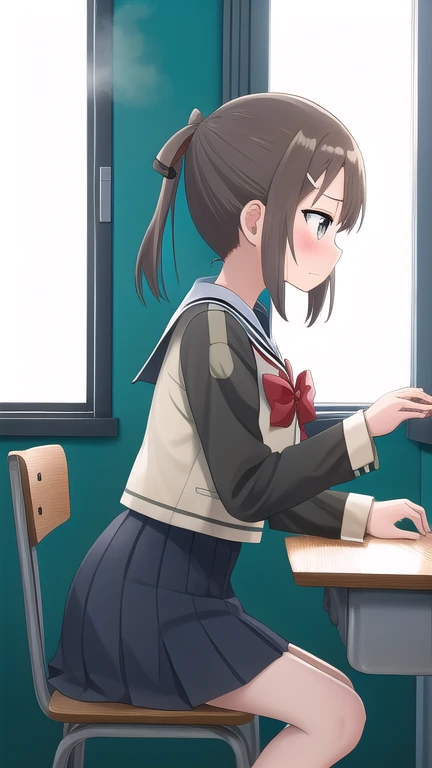 1girl, solo,brown hair, hair ornament,twintails,grey eyes,school uniform, hair ribbon, hairclip, bowtie,hair red bow,sailor dress, pleated dress,
BREAK (embarrassed, blush:1.2), (clenching jaw:1.1), steam,
BREAK sitting chair, 
BREAK  classroom, desk,
BREAK from side,
BREAK looking away,
BREAK (illustration:1.2),
BREAK (masterpiece, best quality, ultra detailed, professional quality), HD, rich contrast