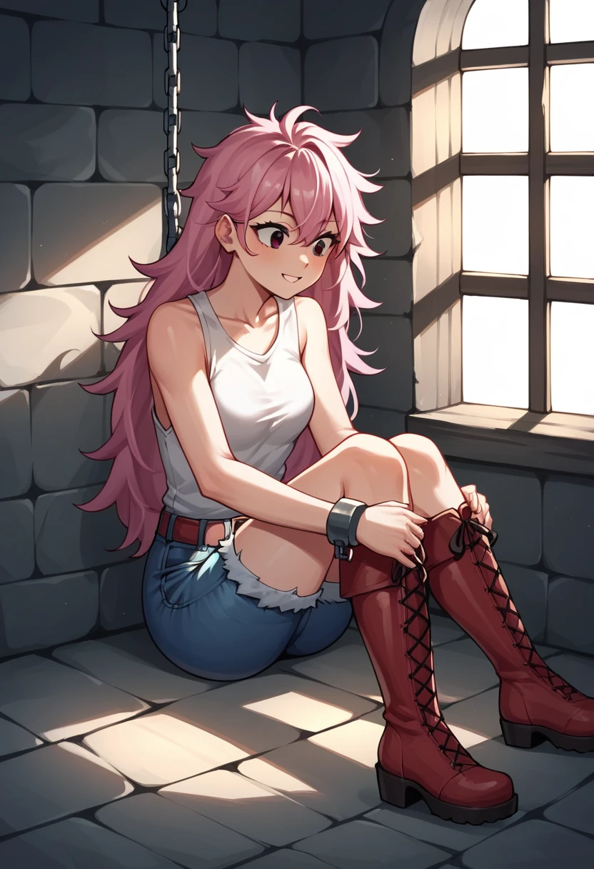 score_9, score_8_up, score_7_up, score_6_up, score_5_up, score_4_up, source_anime, 1woman, floor, pink hair , long hair, black eyes, w-w-chain, shackles, spread arms, messy hair, black topics, jacket, jeans, sneakers, lacing, dungeon, best quality, best res, 4K UHD,
