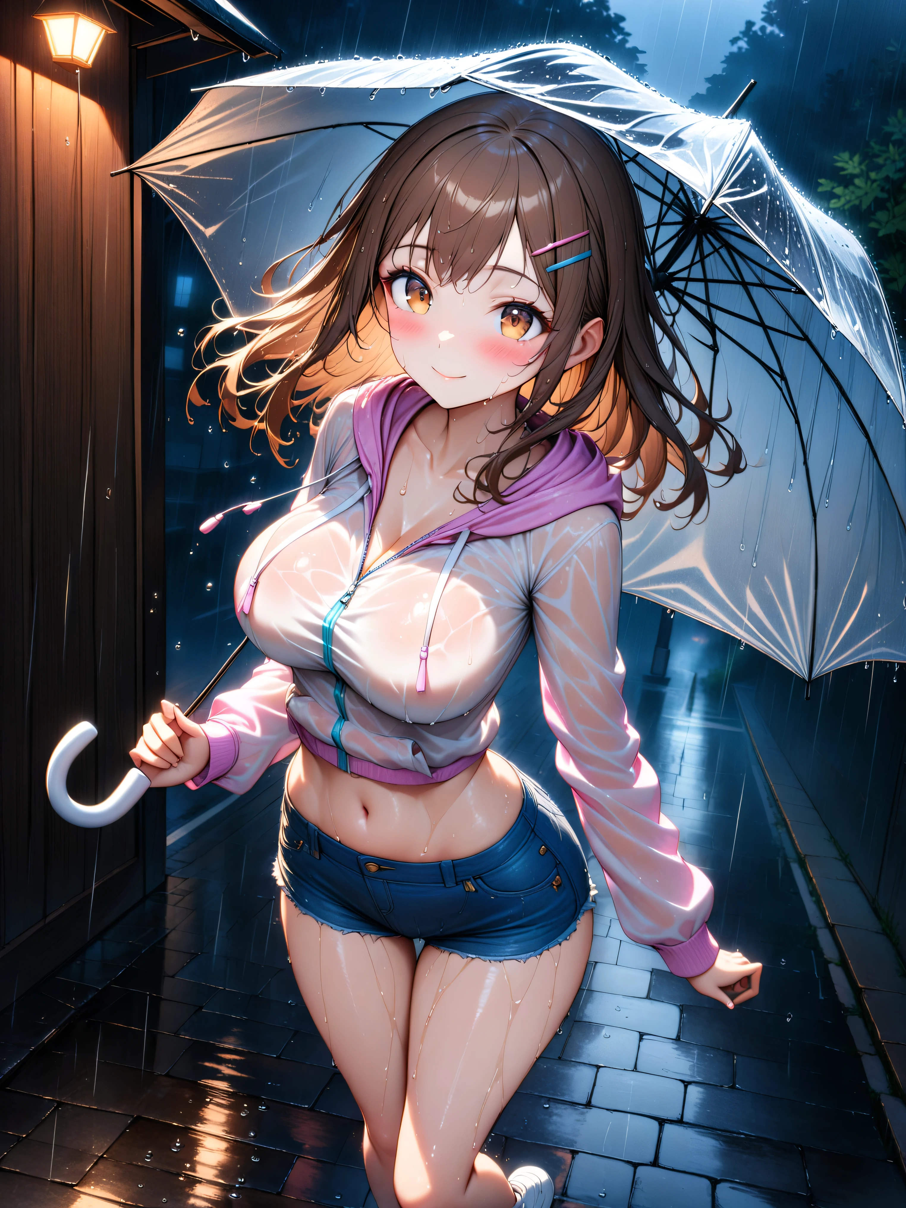 1girl, relaxed casual girl, (medium hair), (shoulder length hair:1.2), (wavy brown hair), colorful hairpins, (bright expressive brown eyes), slight blush, slight smile, slimWaist, petite body, (short stack), (big breasts:0.4), natural round breasts, BREAK holding an umbrella, smile despite rain, pastel zip-up hoodie, (slightly wet:0.3), denim shorts, white Sneaker, outdoor street, rain droplets, overcast sky, reflective puddles, subtle wet fabric textures, focus on wet hair, facial expression, natural rain effects, dynamic lighting, BREAK (very aesthetic, masterpiece), (ultra high quality), (16k, ultra high resolution), highly detailed beautiful skin, high quality fabric texture, highly detailed background