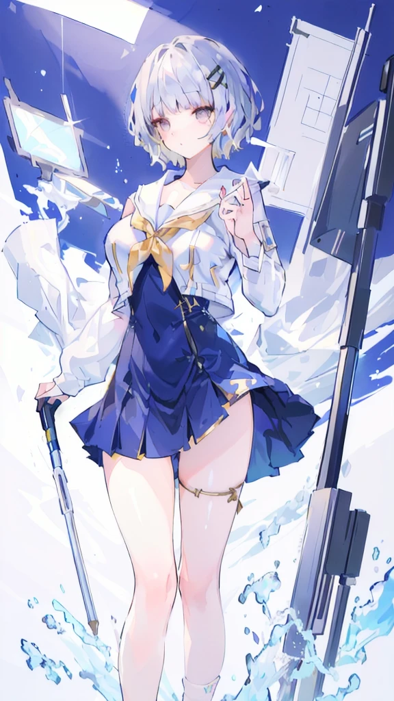 multiple girls, giantess art, highly detailed giantess shots, giantess, most detailed, perfect face, Two legs, Five fingers, short hair, A beautiful girl who is bigger than a skyscraper, Wearing rimless glasses, smile, huge breasts, magical girl dress, bow, magical girl, holding a magical wand, black pantyhose, stiletto heels, thunderbolt from a magical wand, seaside metropolis, ocean, numerous miniature warships on the sea, Destroying cities, Under heavy attack, A very small big city, Miniature metropolis, Full body description, GTS, giga giantess, stomping city, crash city, tiny city, micro city, pantyhose feet, High resolution, highest quality, masterpiece, 